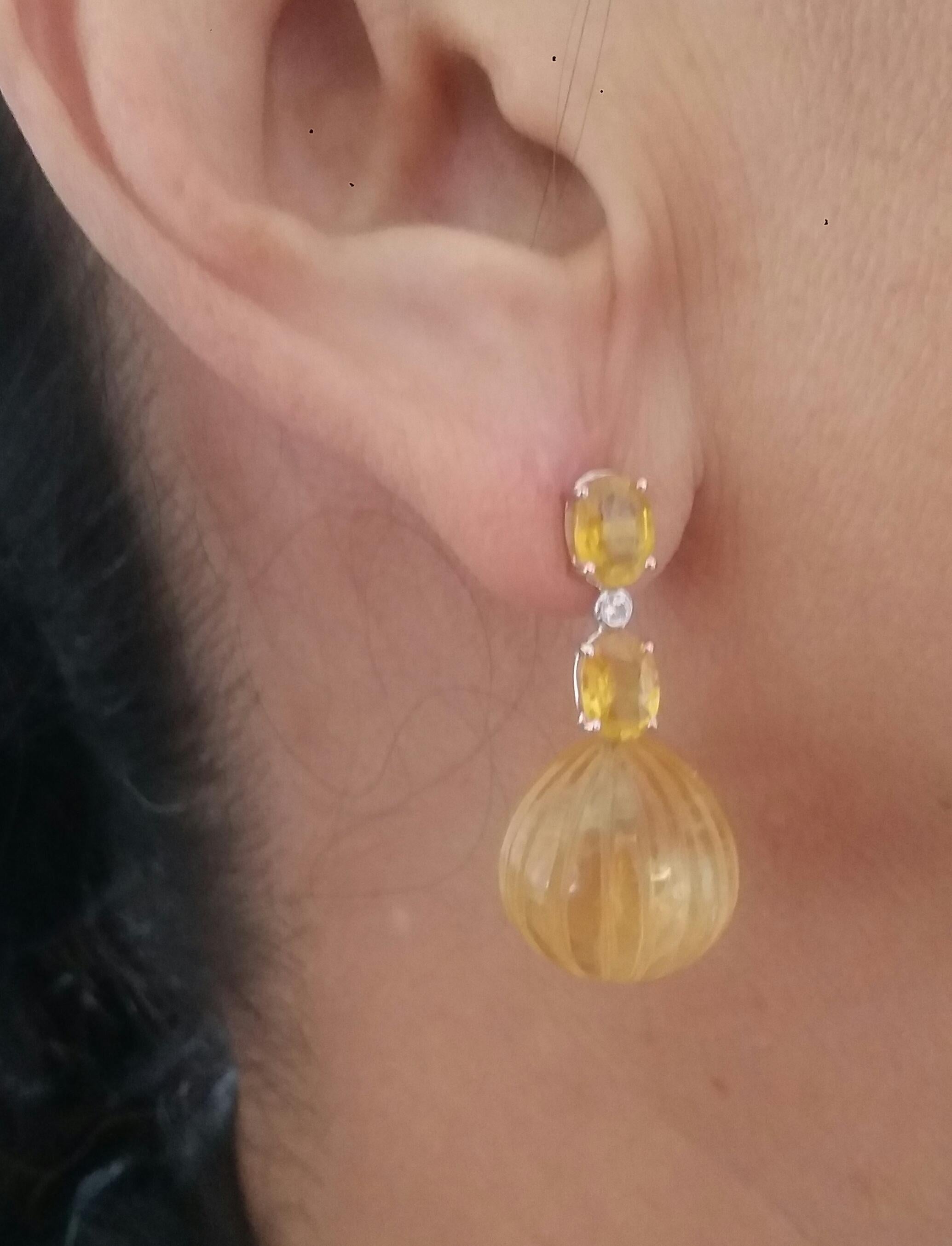 2 Oval Faceted Yellow Sapphires Gold Diamonds Carved Round Citrine Drop Earrings For Sale 5
