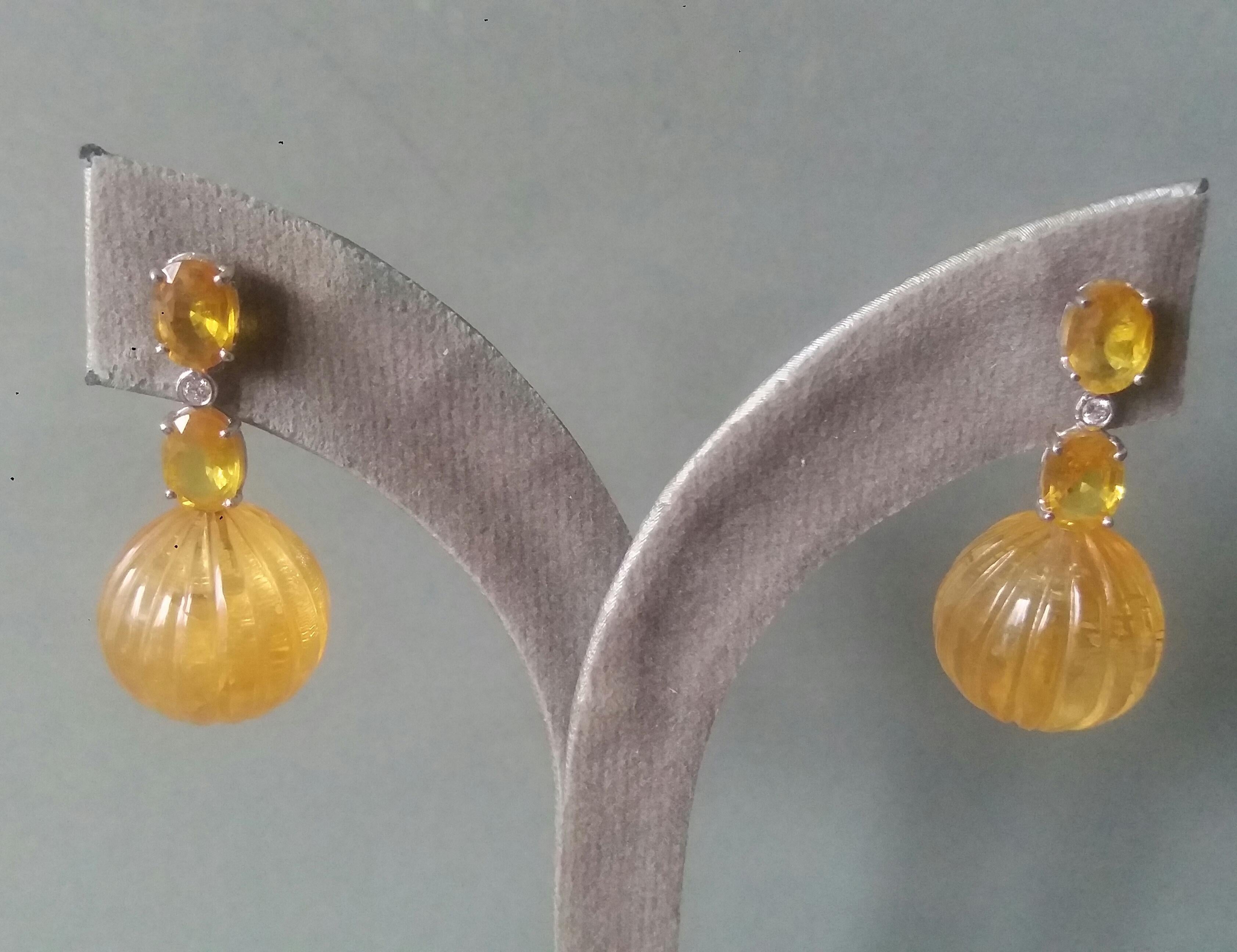 2 Oval Faceted Yellow Sapphires Gold Diamonds Carved Round Citrine Drop Earrings For Sale 6