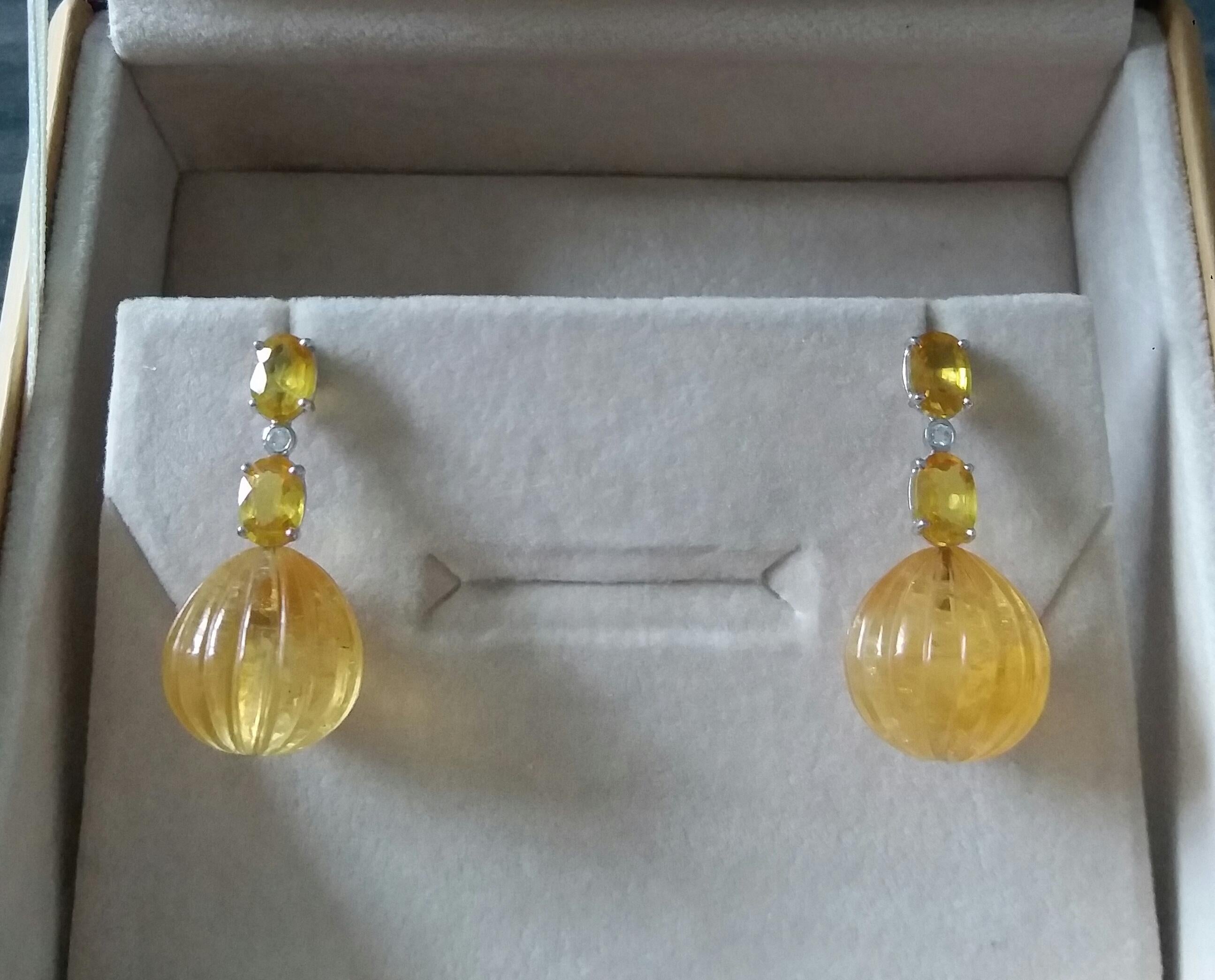 2 Oval Faceted Yellow Sapphires Gold Diamonds Carved Round Citrine Drop Earrings For Sale 7