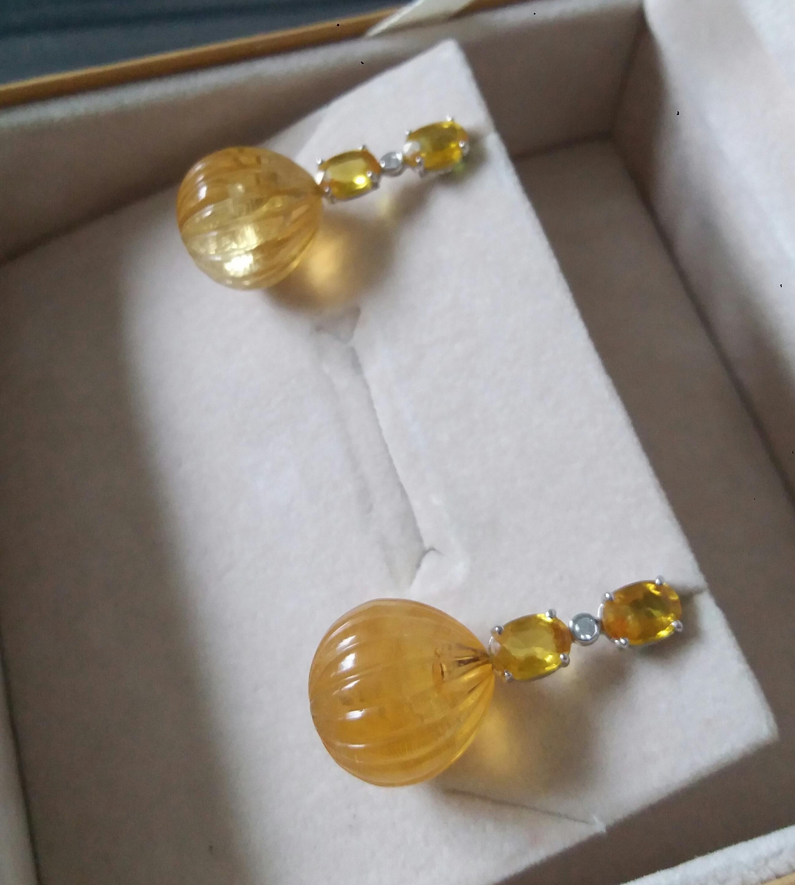 2 Oval Faceted Yellow Sapphires Gold Diamonds Carved Round Citrine Drop Earrings For Sale 8