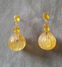 2 Oval Faceted Yellow Sapphires Gold Diamonds Carved Round Citrine Drop Earrings