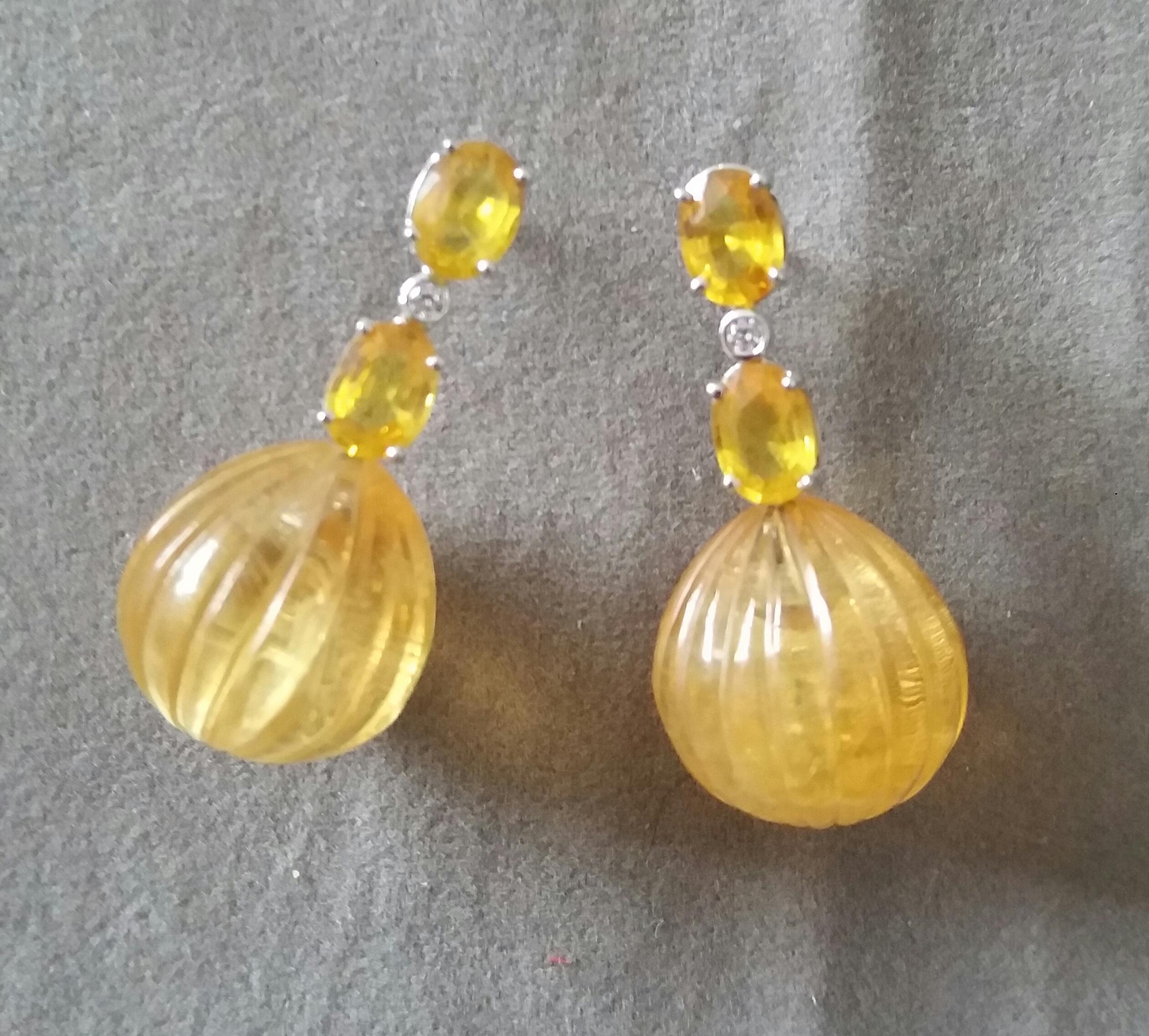 Mixed Cut 2 Oval Faceted Yellow Sapphires Gold Diamonds Carved Round Citrine Drop Earrings For Sale