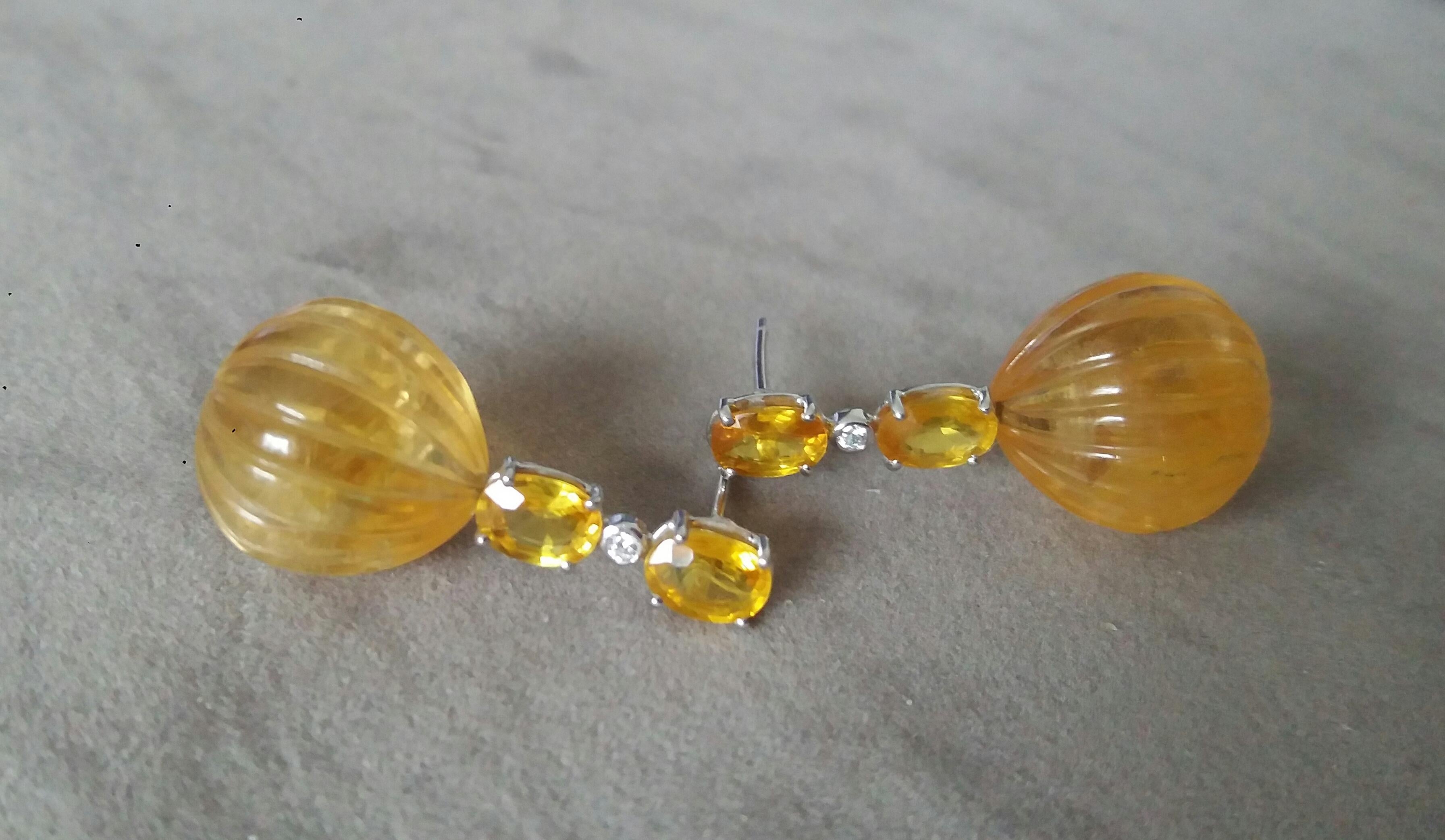 Women's 2 Oval Faceted Yellow Sapphires Gold Diamonds Carved Round Citrine Drop Earrings For Sale