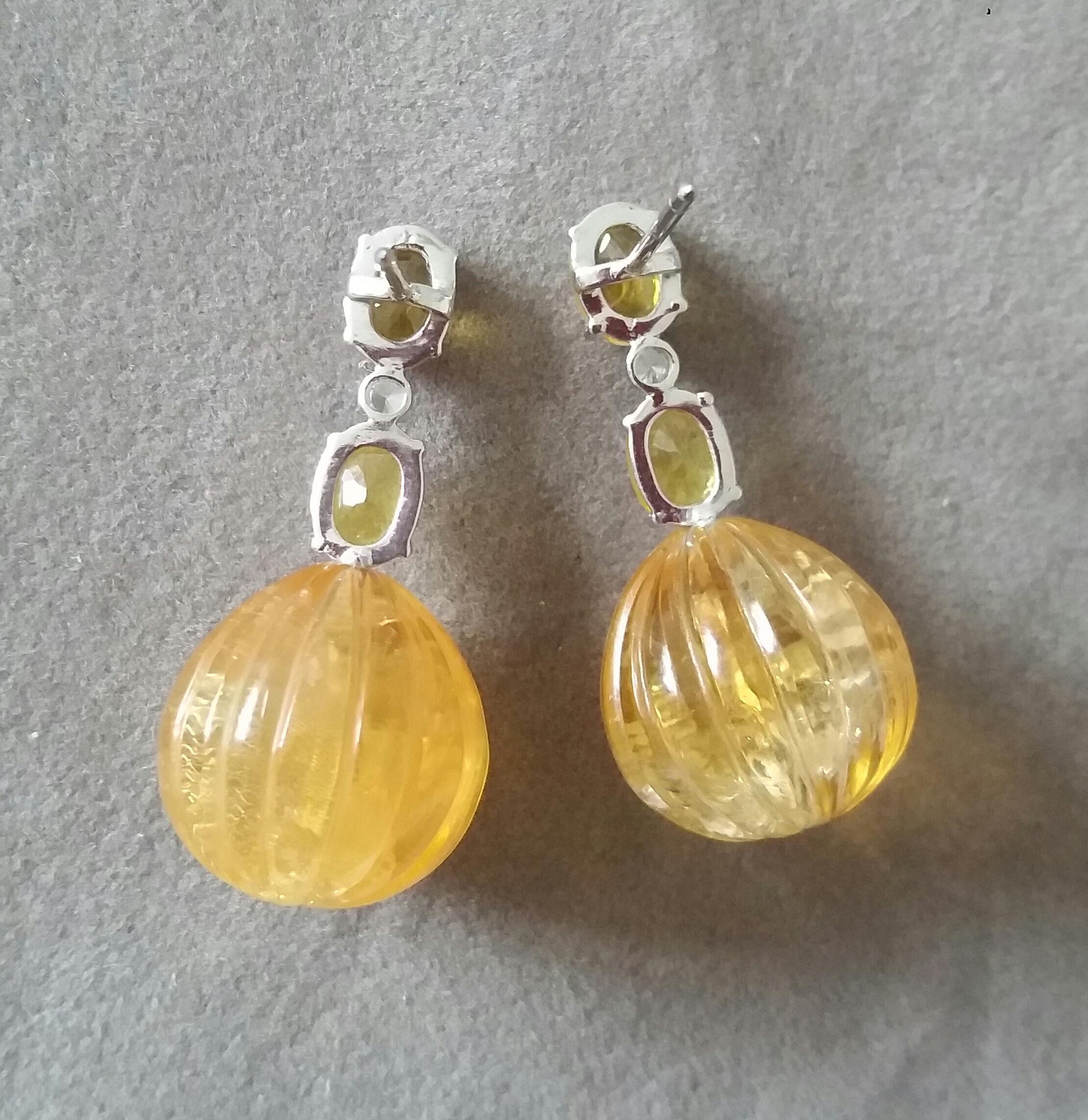 2 Oval Faceted Yellow Sapphires Gold Diamonds Carved Round Citrine Drop Earrings For Sale 1