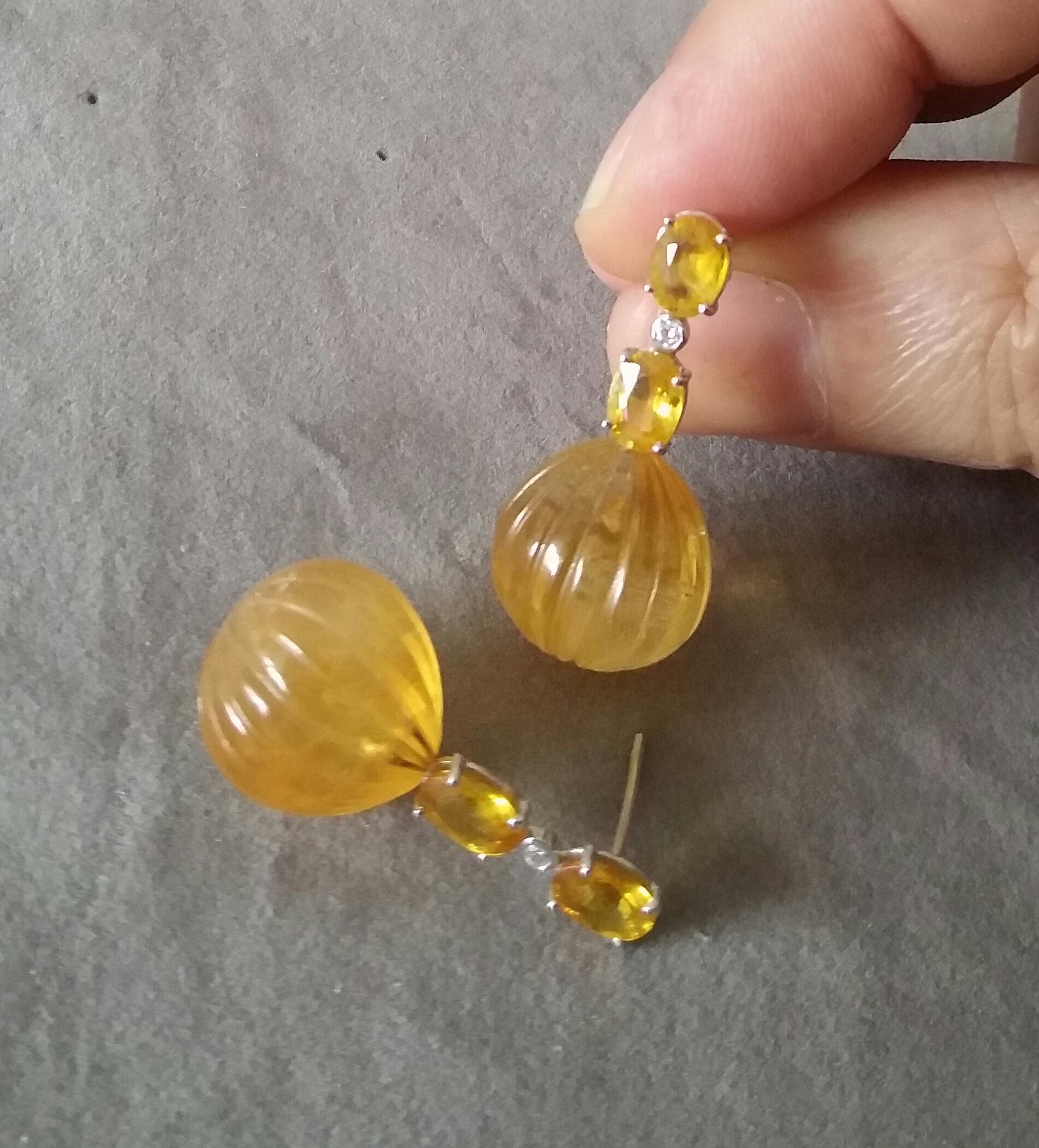 2 Oval Faceted Yellow Sapphires Gold Diamonds Carved Round Citrine Drop Earrings For Sale 2