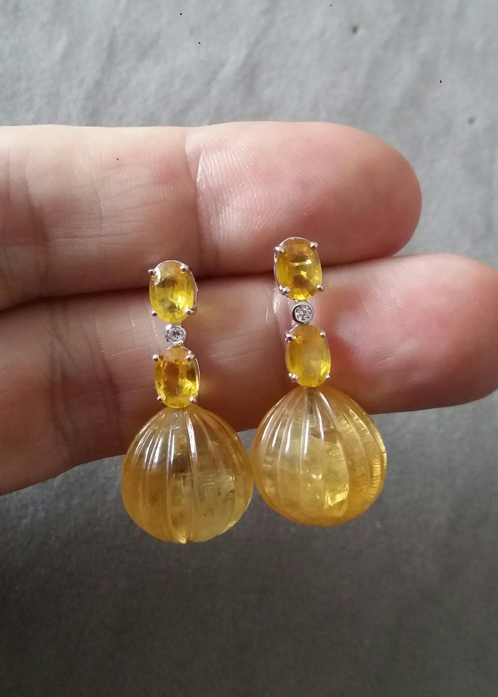 2 Oval Faceted Yellow Sapphires Gold Diamonds Carved Round Citrine Drop Earrings For Sale 3