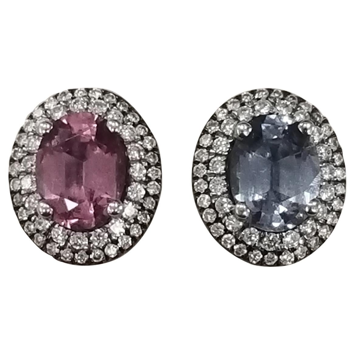 2 Oval Pink and Blue Spinel Diamond Earrings Set in 14 Karat White Gold For Sale