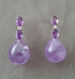 2 Oval Shape Faceted Amethyst Gold Diamonds 2 Plain Round Amethyst Drop Earrings