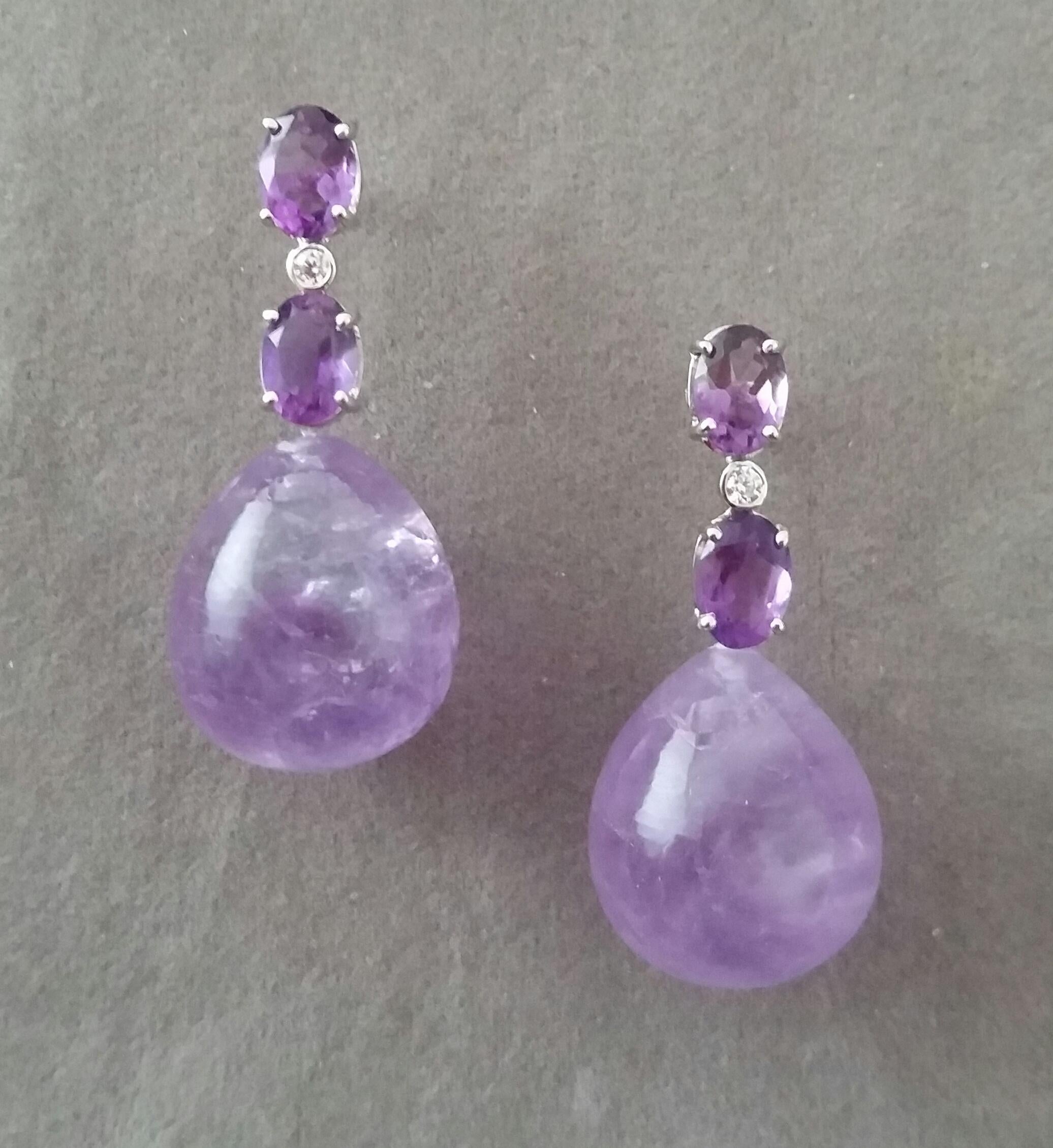 Arts and Crafts 2 Oval Shape Faceted Amethyst Gold Diamonds 2 Plain Round Amethyst Drop Earrings For Sale