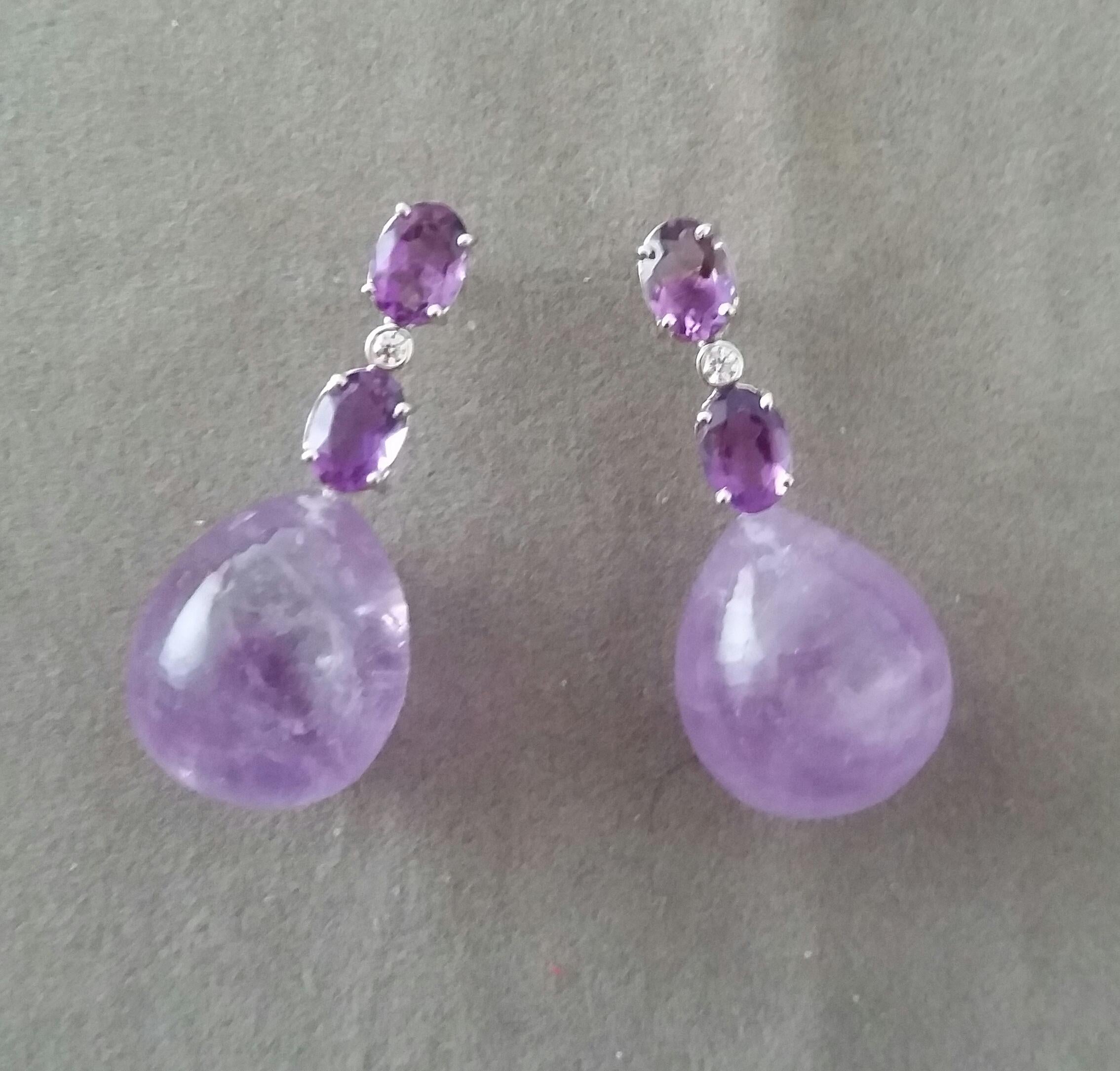 Mixed Cut 2 Oval Shape Faceted Amethyst Gold Diamonds 2 Plain Round Amethyst Drop Earrings For Sale
