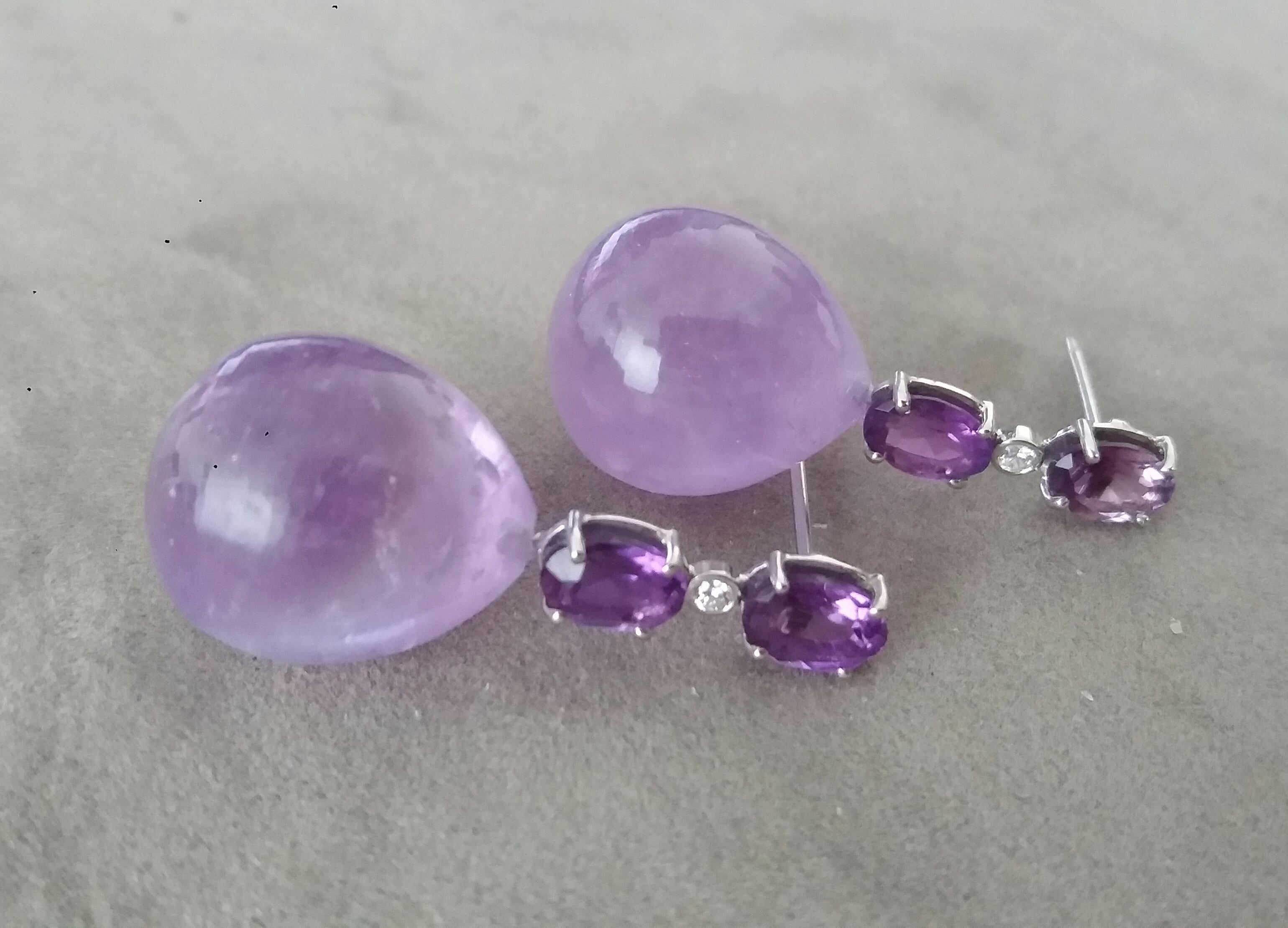 2 Oval Shape Faceted Amethyst Gold Diamonds 2 Plain Round Amethyst Drop Earrings In New Condition For Sale In Bangkok, TH