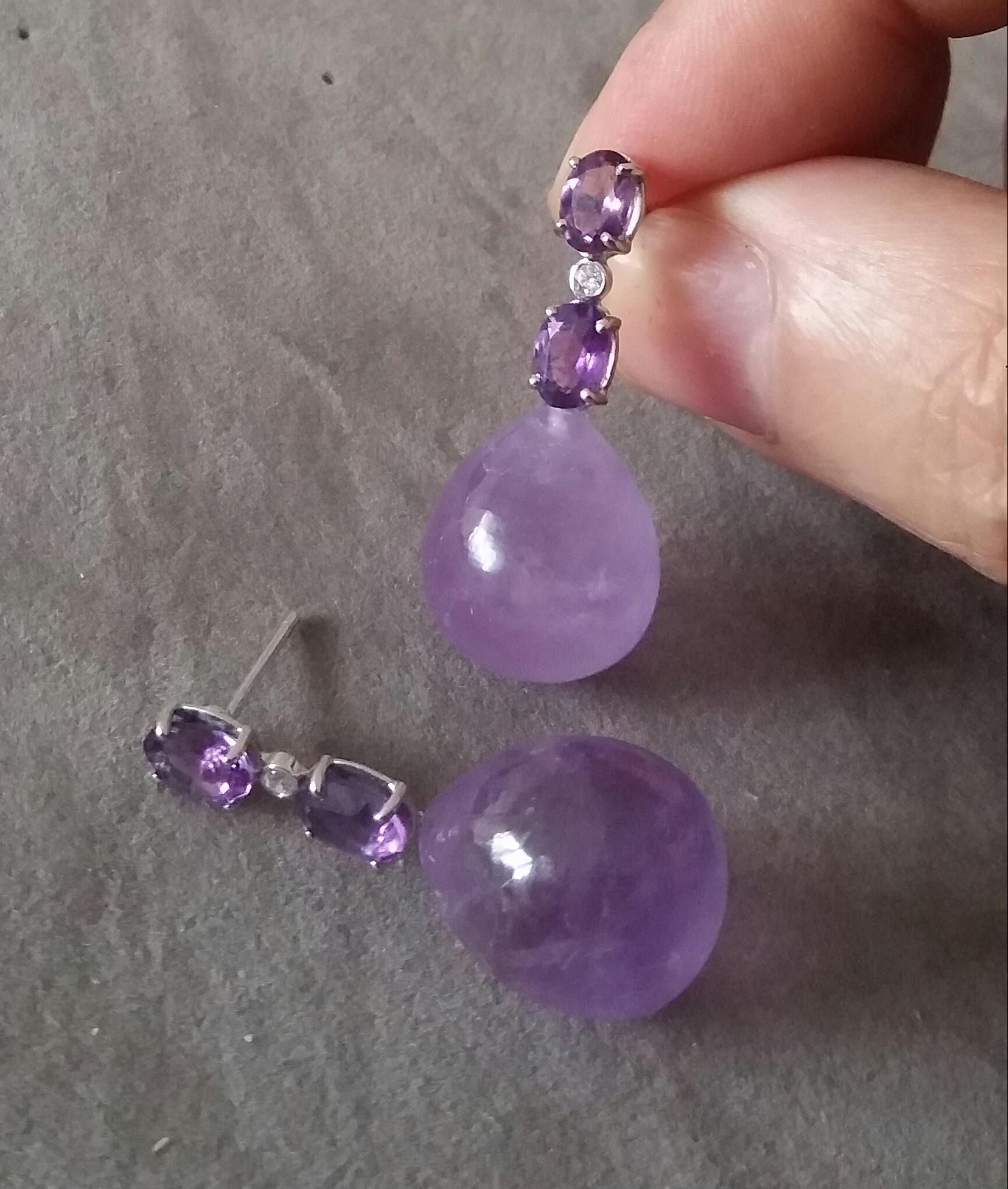 2 Oval Shape Faceted Amethyst Gold Diamonds 2 Plain Round Amethyst Drop Earrings For Sale 1