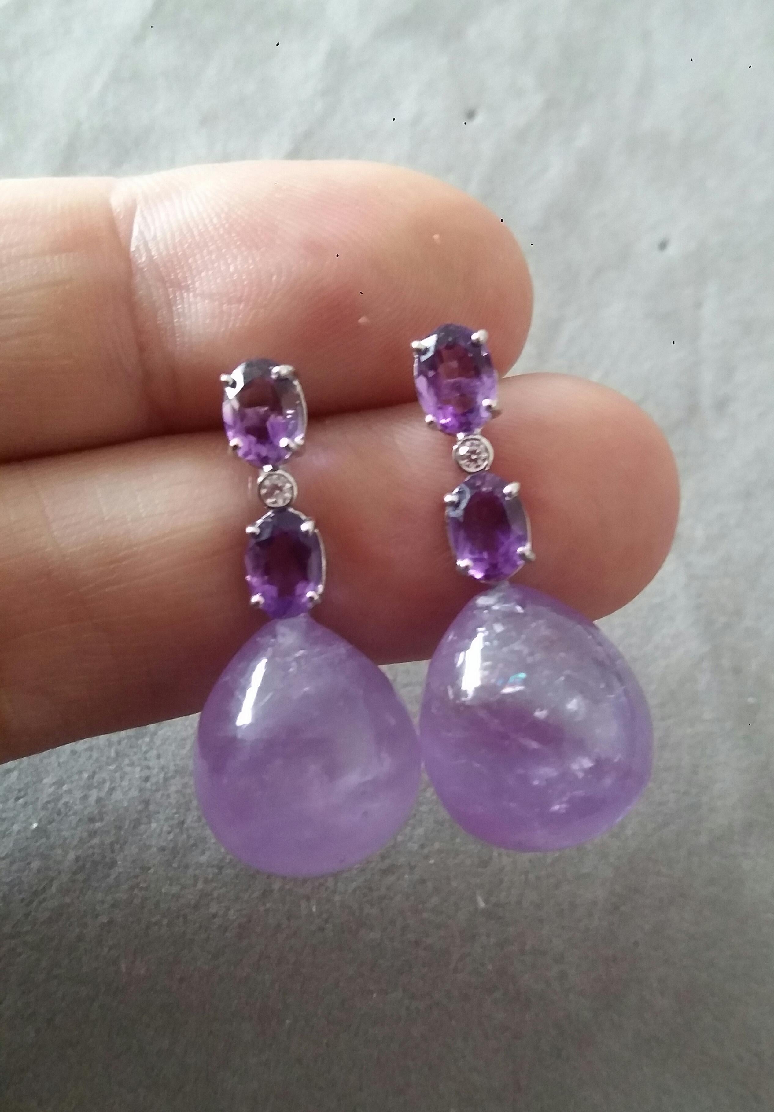 2 Oval Shape Faceted Amethyst Gold Diamonds 2 Plain Round Amethyst Drop Earrings For Sale 2