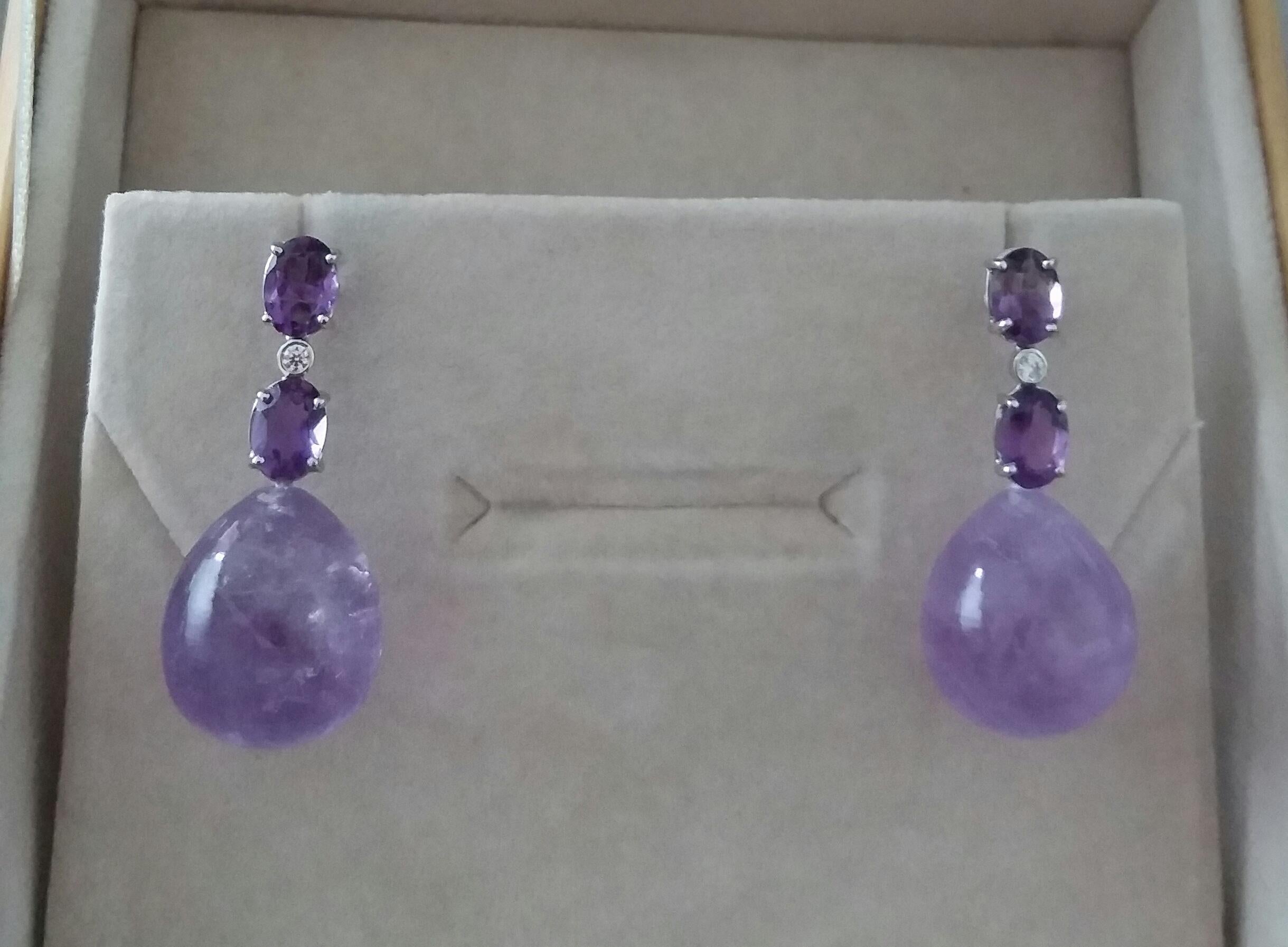 2 Oval Shape Faceted Amethyst Gold Diamonds 2 Plain Round Amethyst Drop Earrings For Sale 3