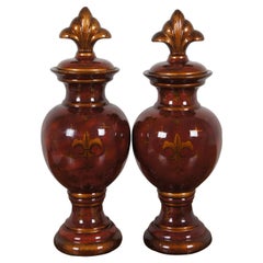 2 vasi da camino in porcellana Fleur de Lis rosso sangue e oro 18"