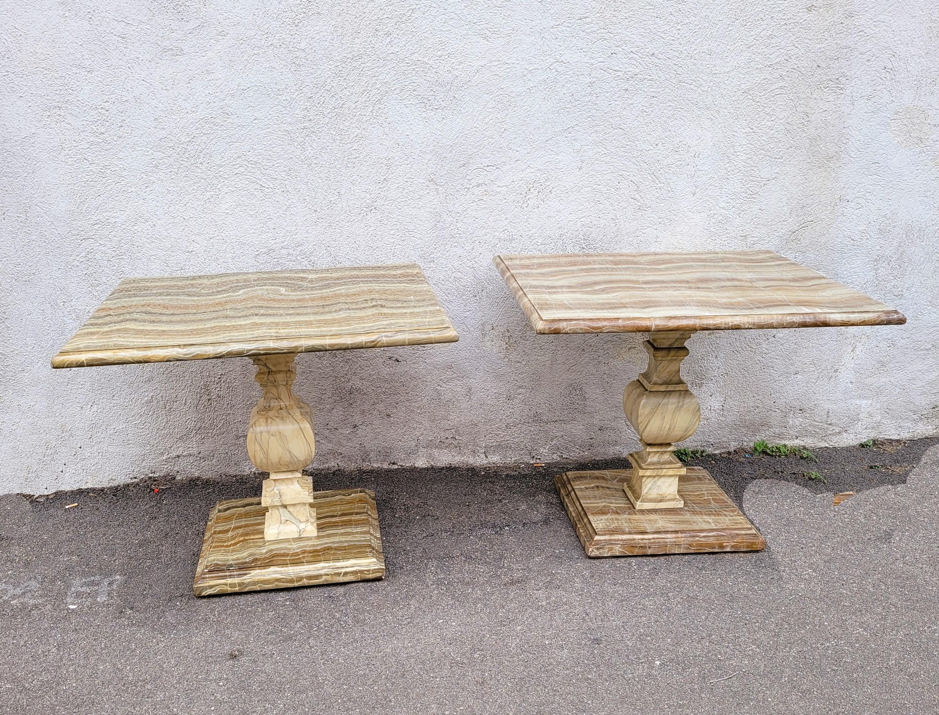 2 tables or end tables: the rectangular top as well as the base are painted in onyx style, on a pilaster foot is painted in faux marble

Some chips and missing parts - top's painting effect slightly different

Very decorative and original tables