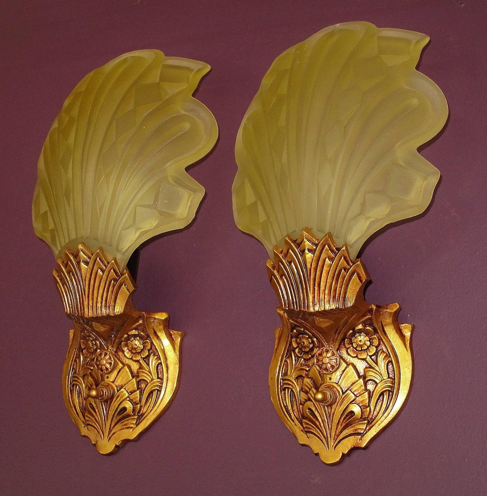 Cast 2 Pair of 1920s Early 1930s Art Deco Sconces For Sale
