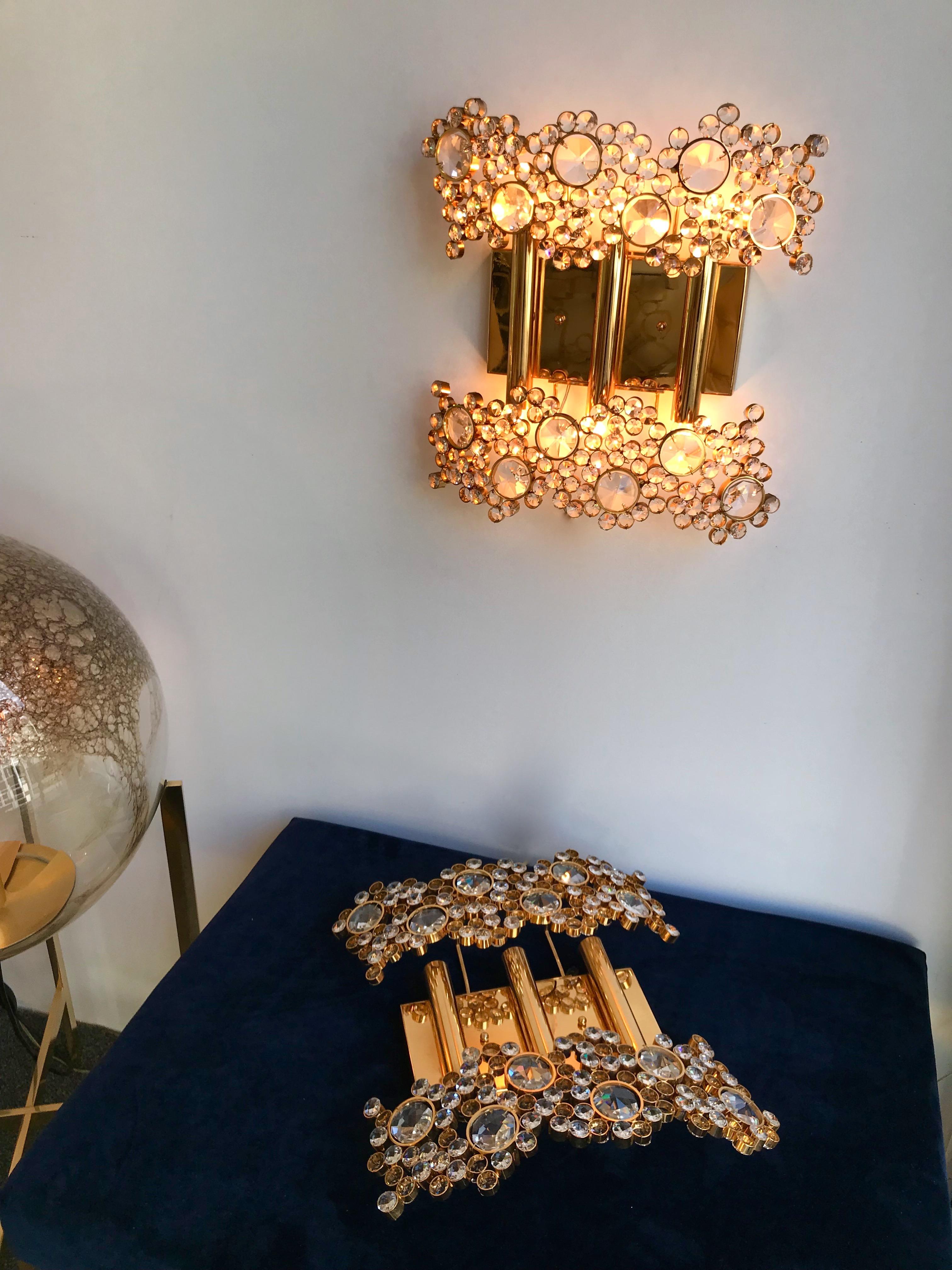 2 Pair of Brass and Crystal Glass Sconces by Palwa, Germany, 1970s 3