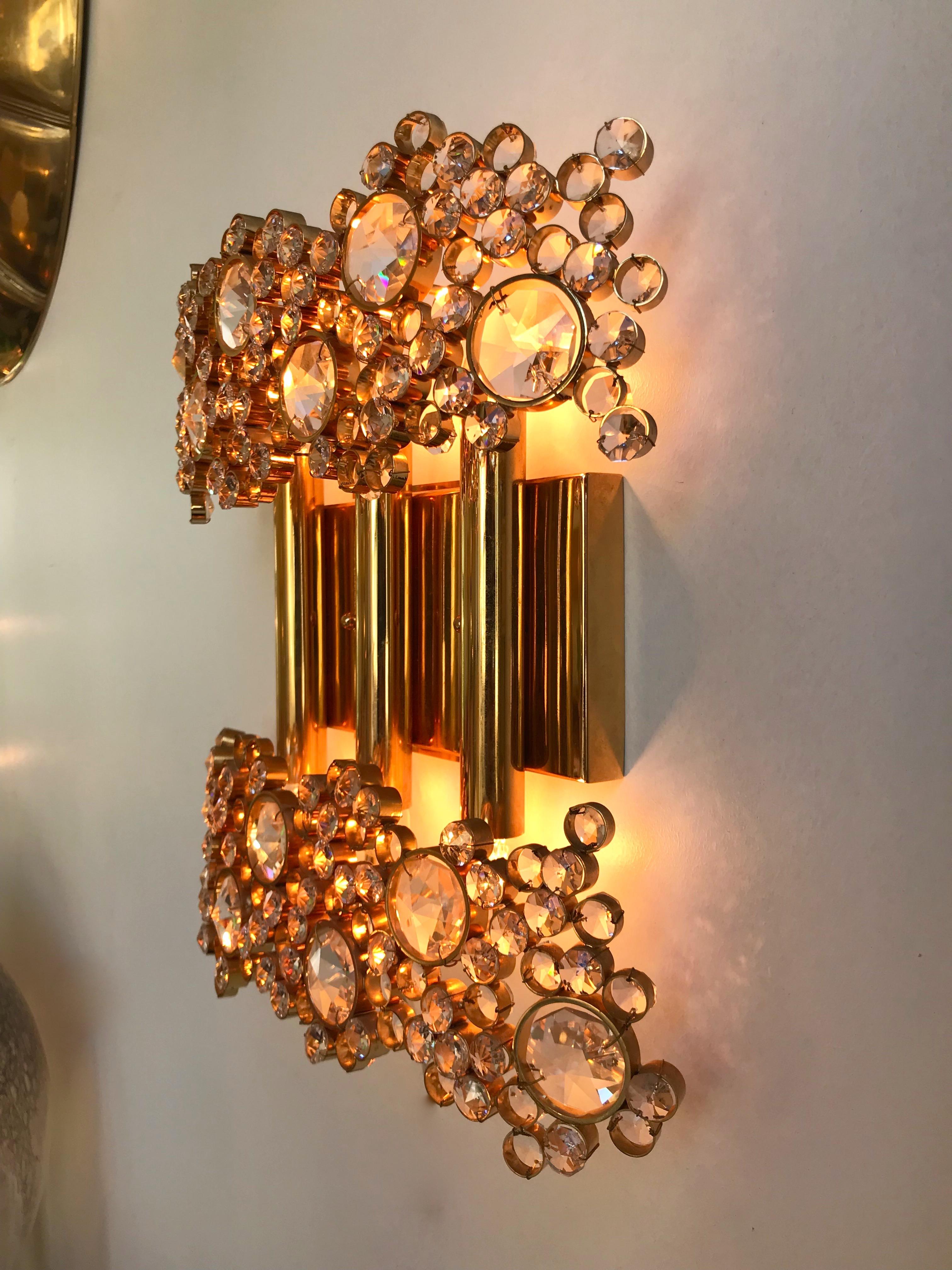 Late 20th Century 2 Pair of Brass and Crystal Glass Sconces by Palwa, Germany, 1970s