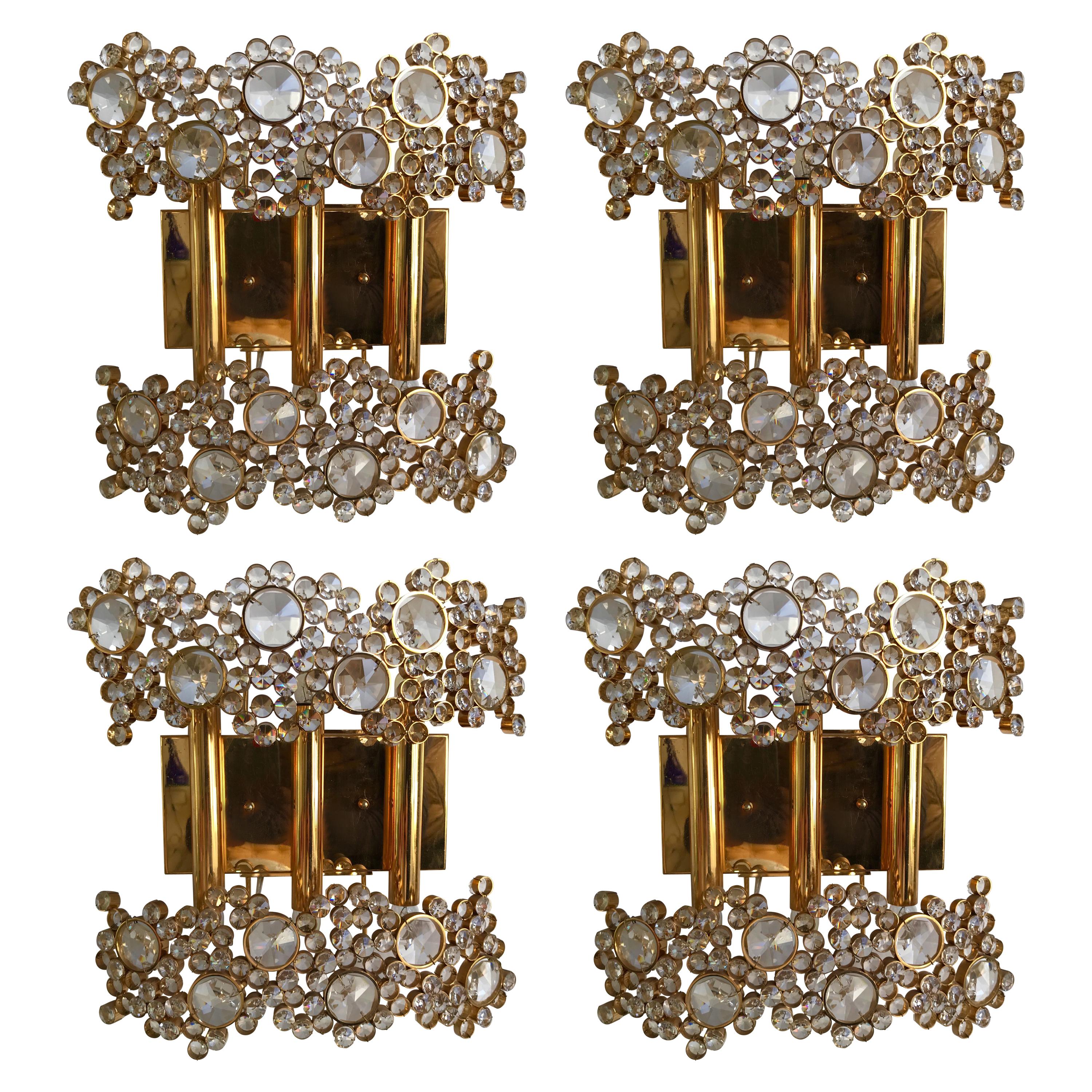 2 Pair of Brass and Crystal Glass Sconces by Palwa, Germany, 1970s