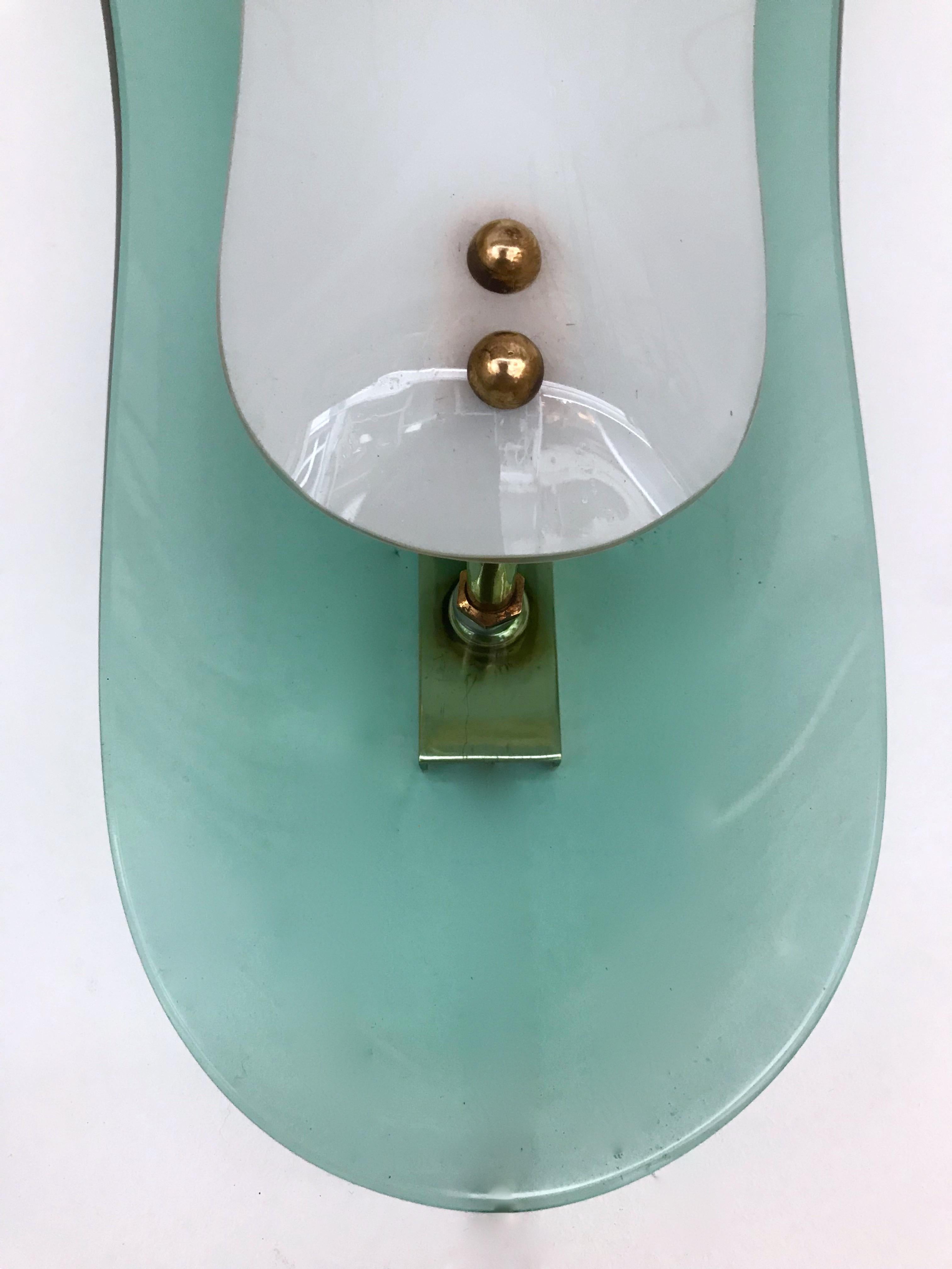 Opaline Glass Pair of Curve Glass Opaline Brass Sconces by Cristal Art, Italy, 1960s