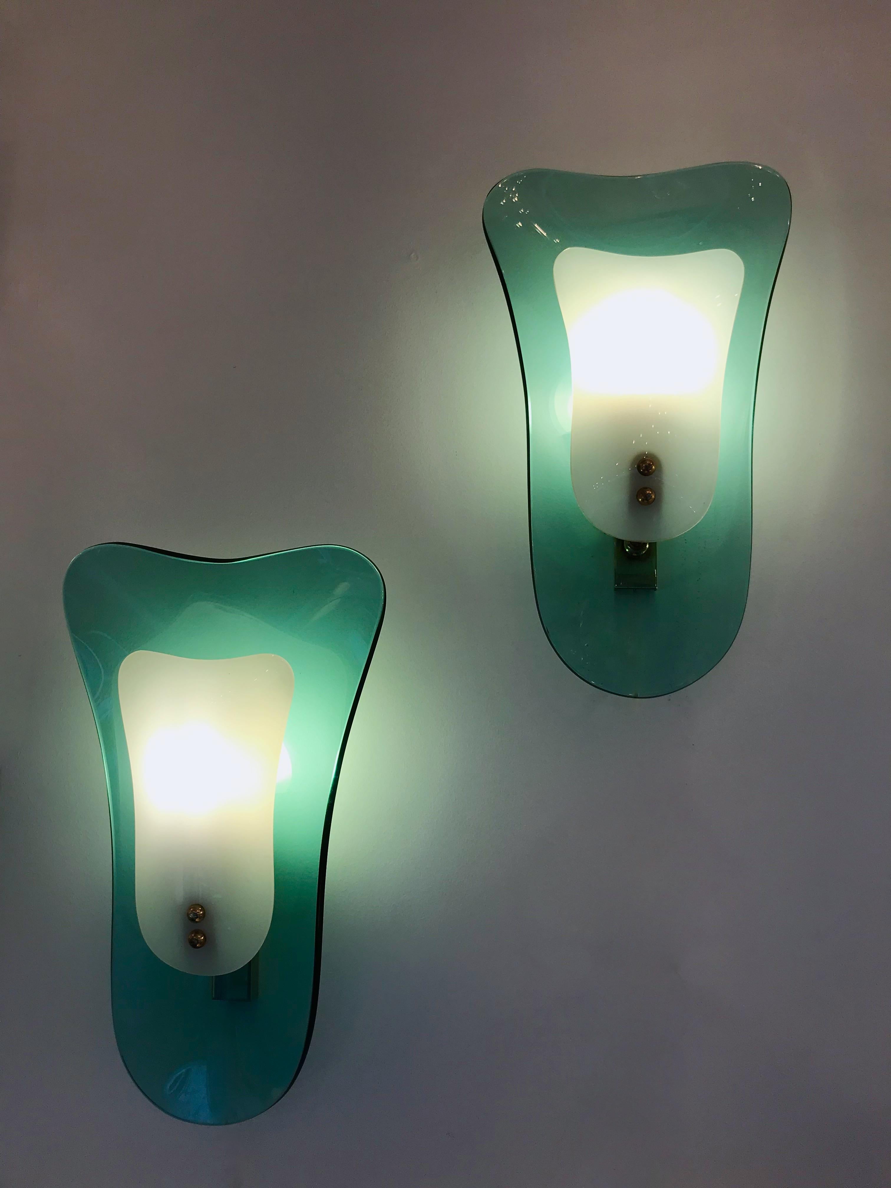 Pair of Curve Glass Opaline Brass Sconces by Cristal Art, Italy, 1960s 1