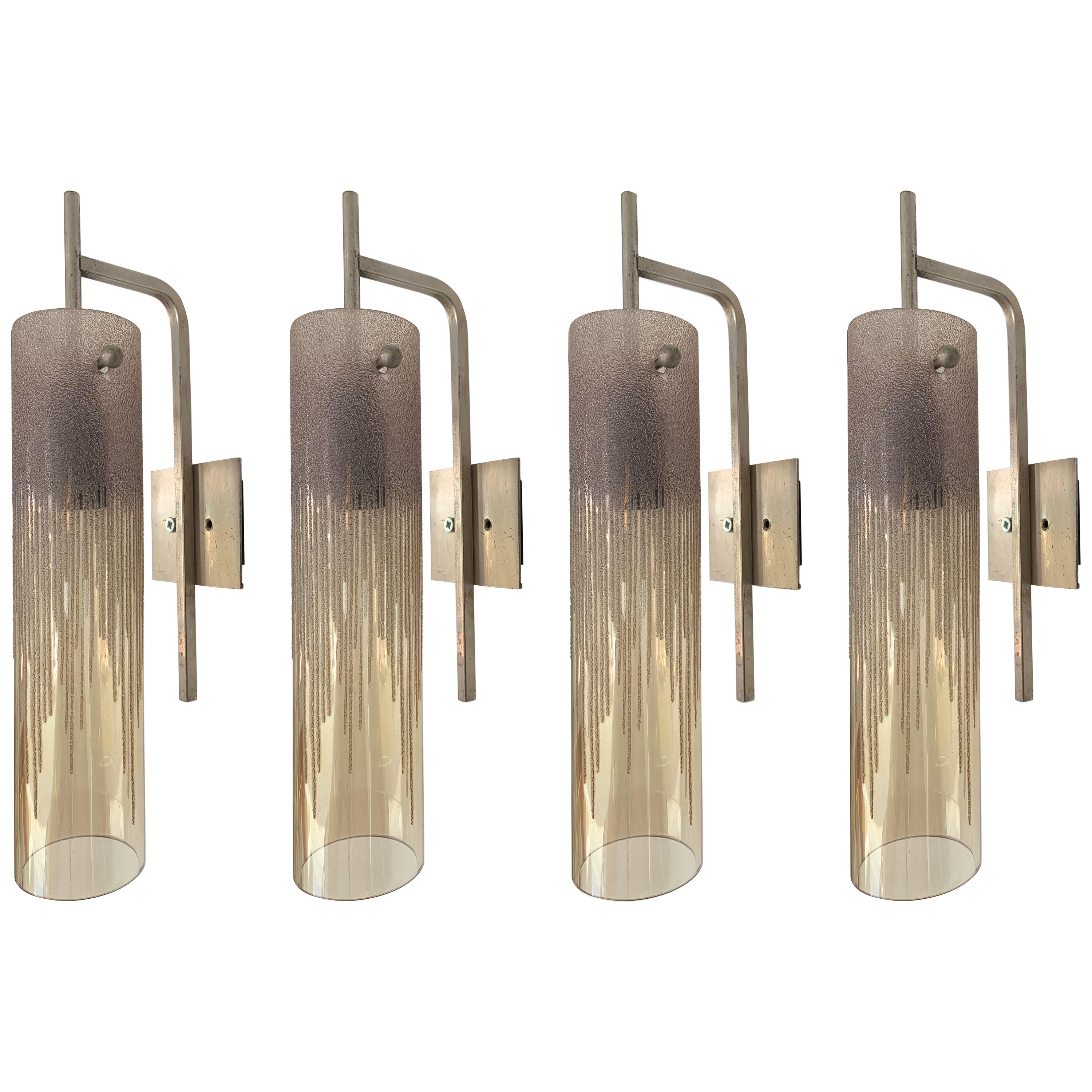 Pair of Sconces Acid Decor Glass and Silver Brass by Poliarte, Italy, 1970s