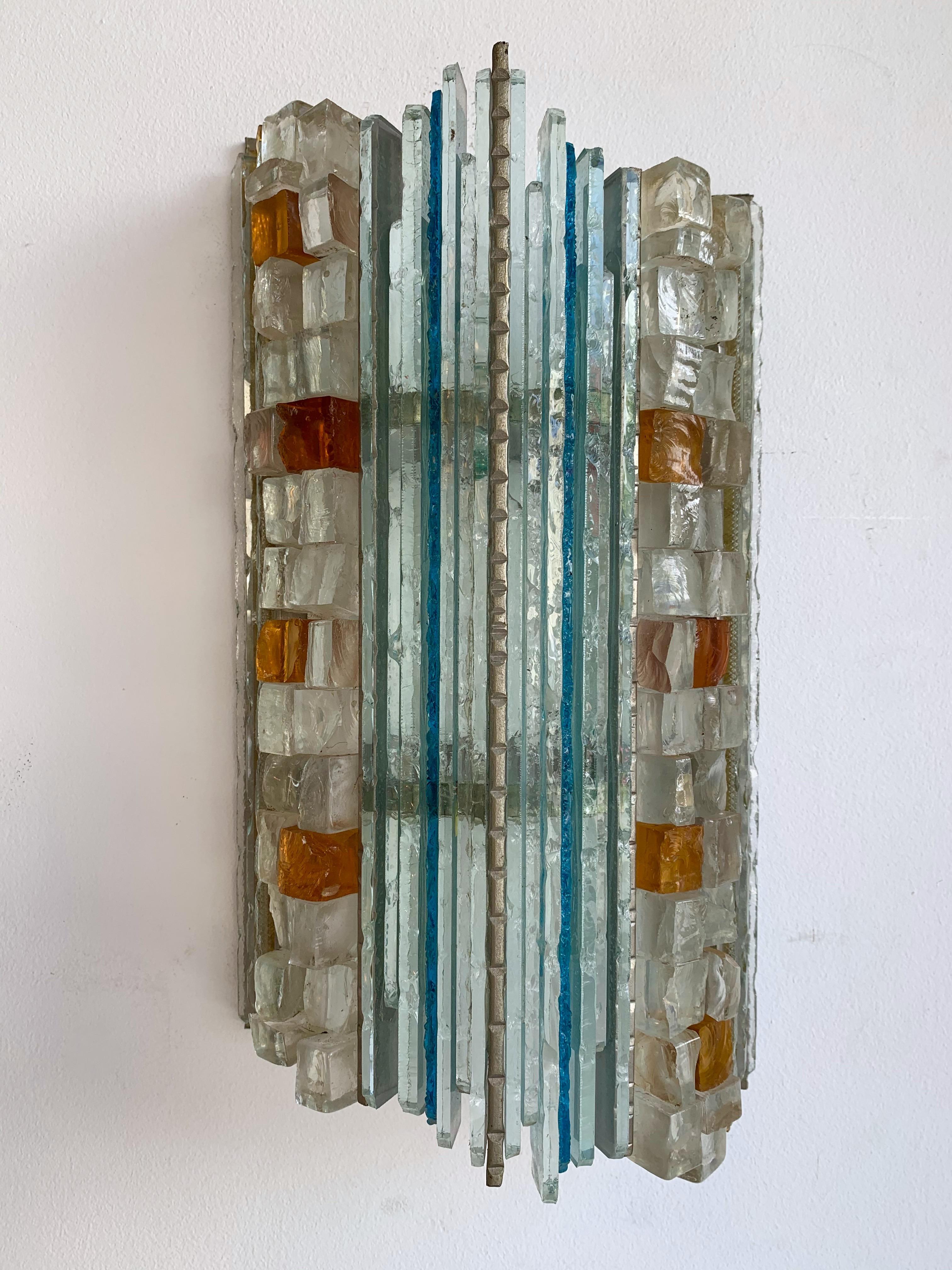 Pair of Sconces Hammered Glass by Biancardi & Jordan Arte, Italy, 1970s 5