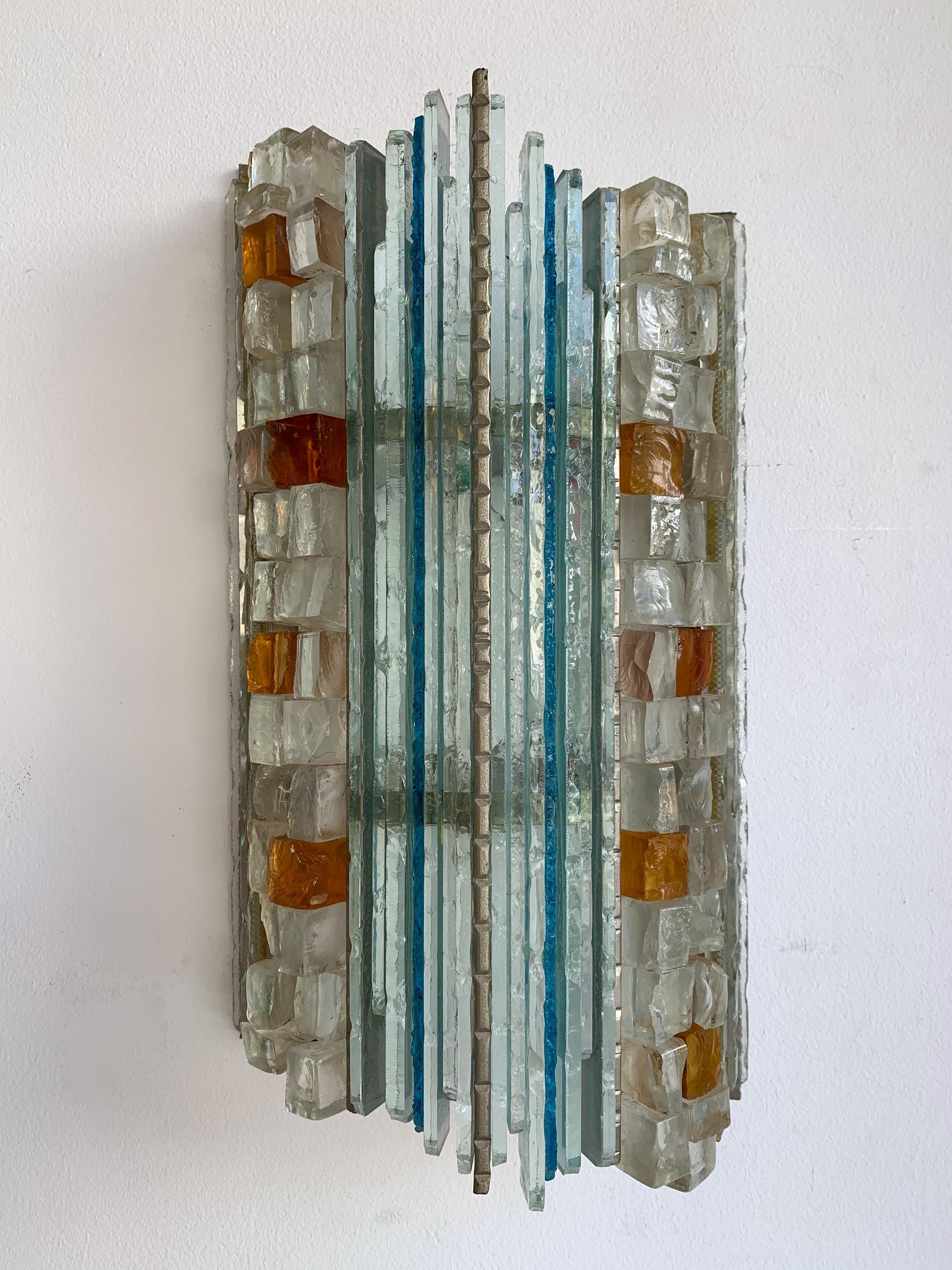 Mid-Century Modern Pair of Sconces Hammered Glass by Biancardi & Jordan Arte, Italy, 1970s