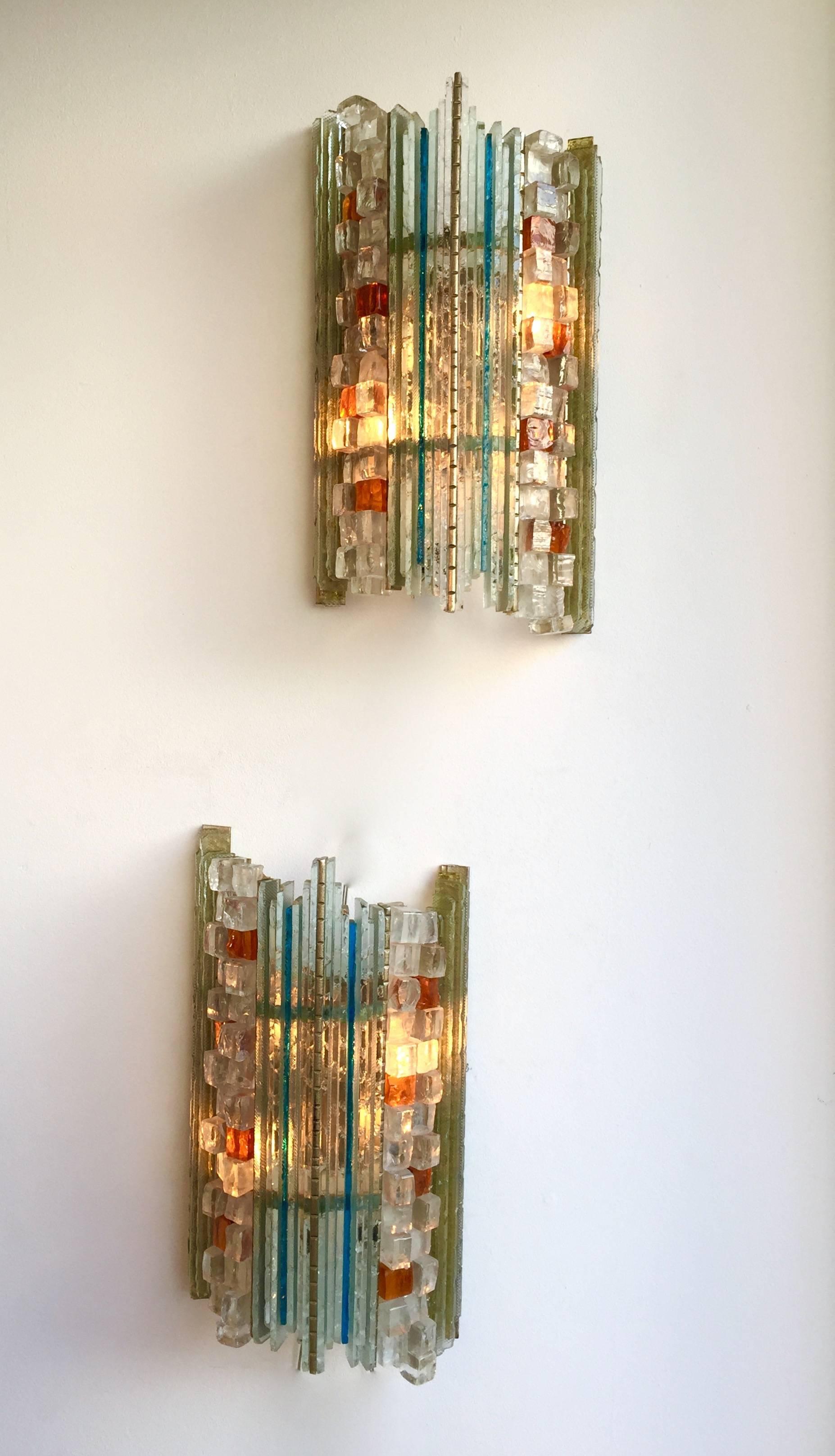 Italian Pair of Sconces Hammered Glass by Biancardi & Jordan Arte, Italy, 1970s