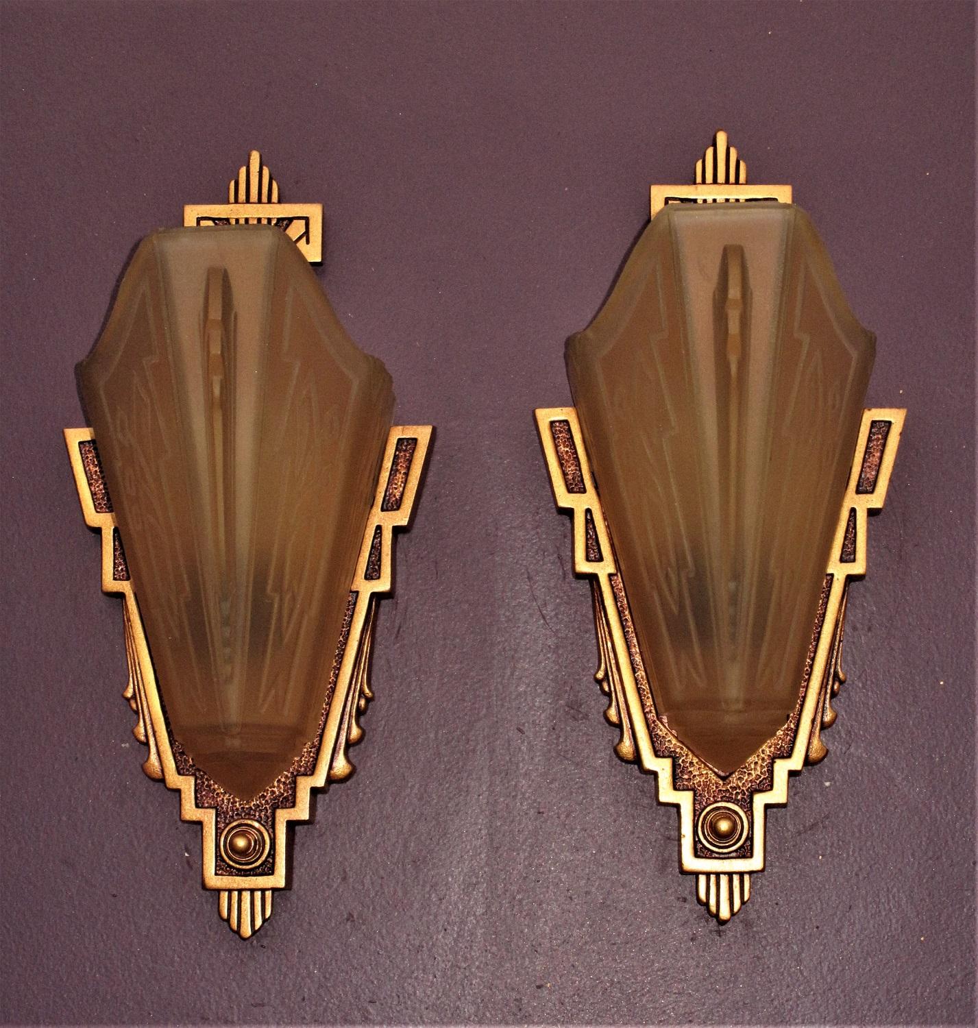 Cast 2 Pair Sconces with Consolidated Glass Slip Shades For Sale