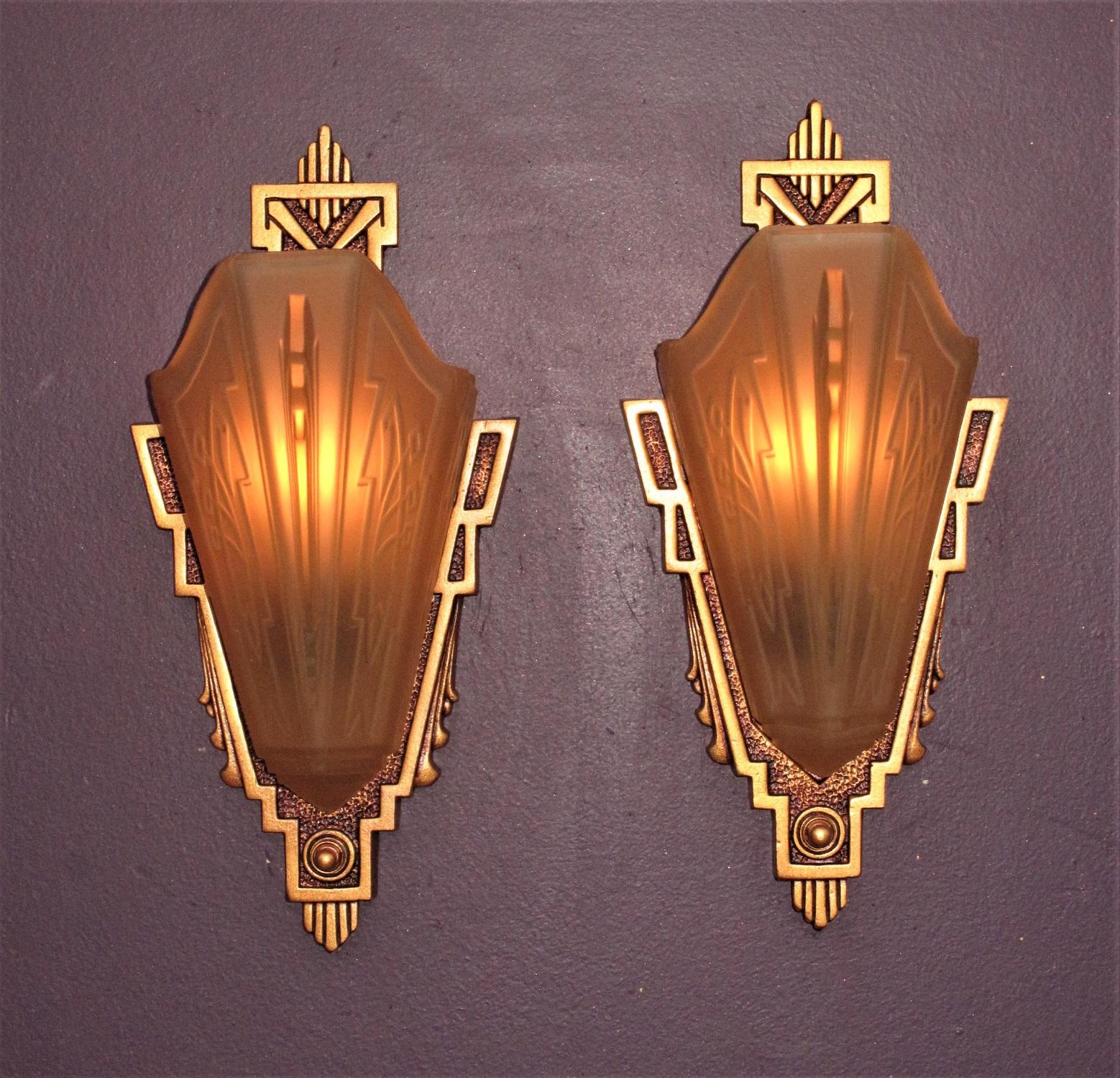 2 Pair Sconces with Consolidated Glass Slip Shades In Good Condition For Sale In Prescott, AZ