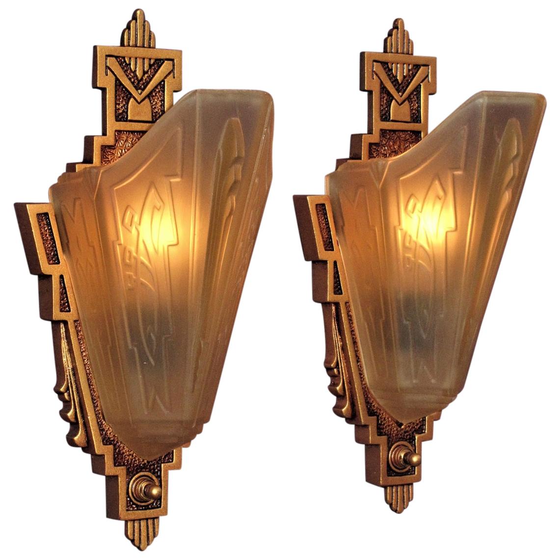 2 Pair Sconces with Consolidated Glass Slip Shades For Sale