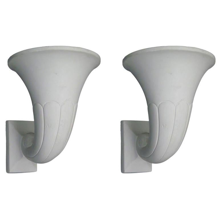 2 Pairs French Art Deco / Modern Neoclassical Plaster Horn Sconces, André Arbus For Sale