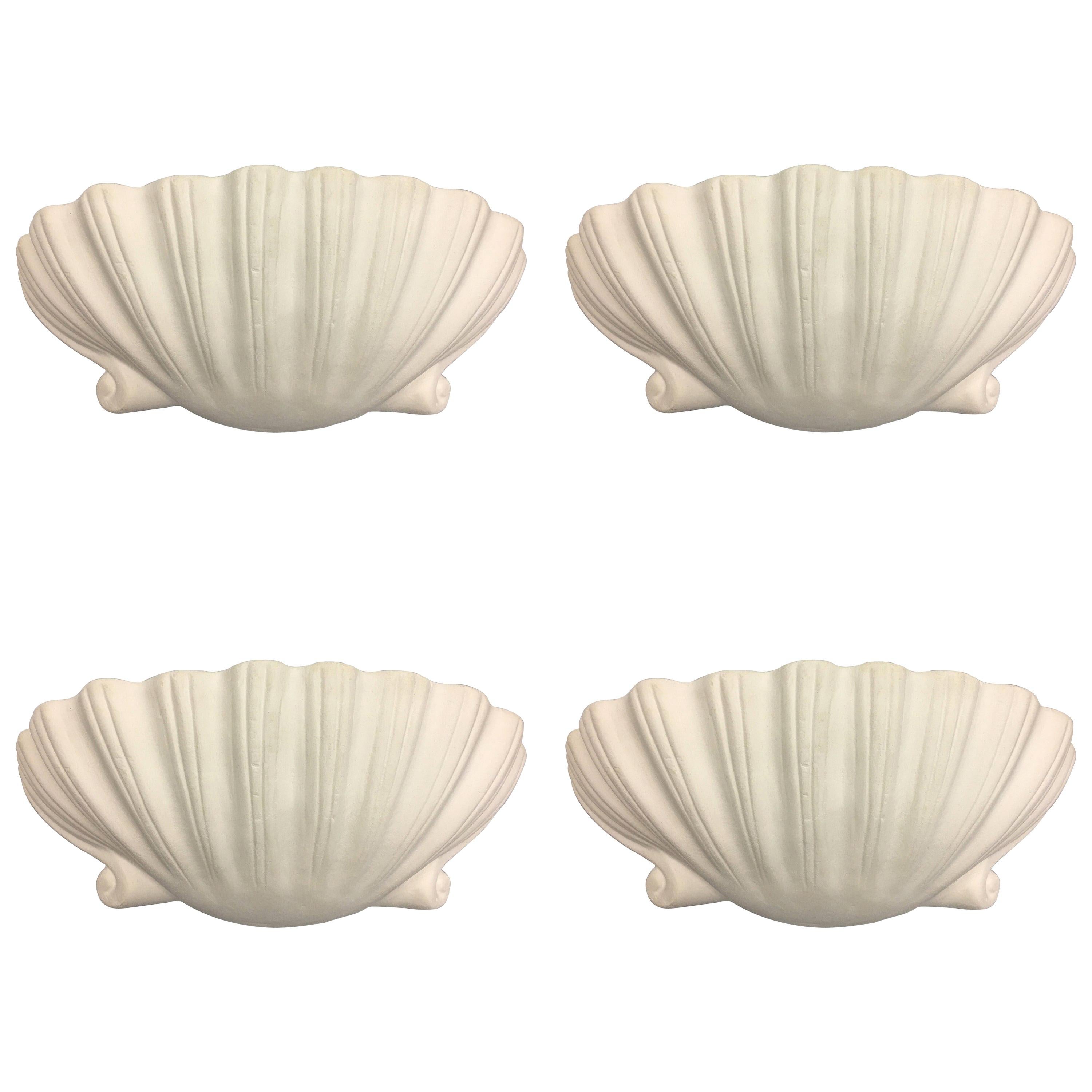 2 Pairs Mid-Century Modern Plaster Shell Wall Sconces, Attributed to Serge Roche For Sale