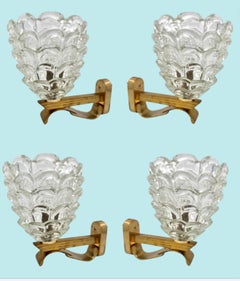 2 Paar Art Deco Barovier und Toso Murano Glas und Messing Wandleuchten aus den 1940er Jahren