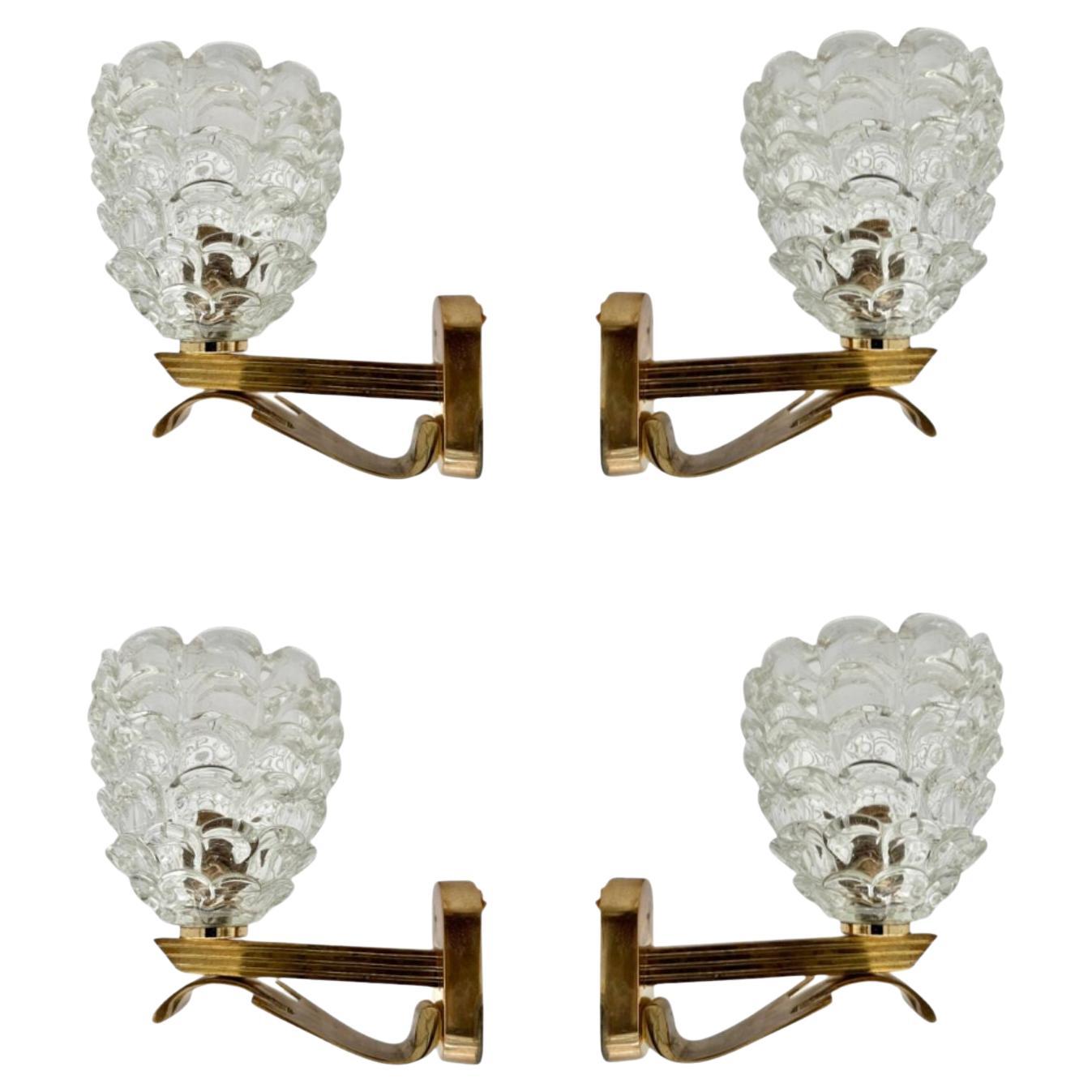 2 pairs of 1940s Art Deco Barovier and Toso Murano glass and brass wall sconces