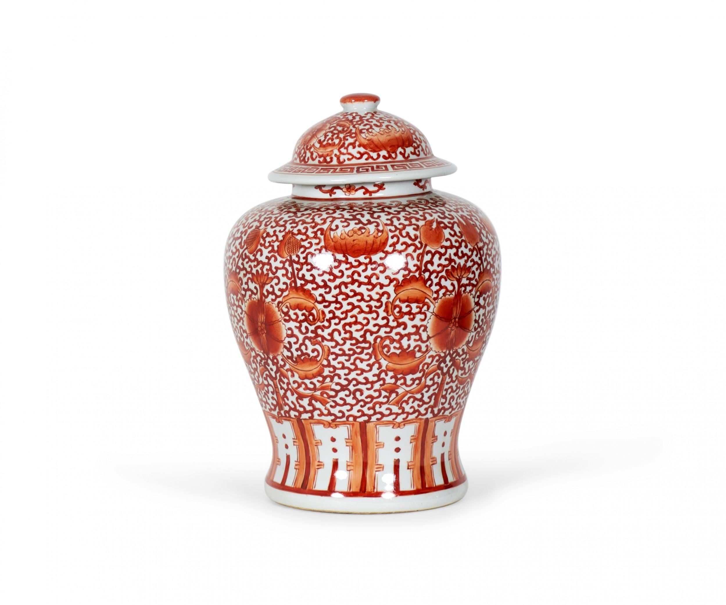 2 PAIRS of Antique Chinese (late 19th-early 20th Century) porcelain ginger jars with intricate orange and white designs and matching lids. (PRICED PER PAIR)

Condition: Good; Wear consistent with age and use