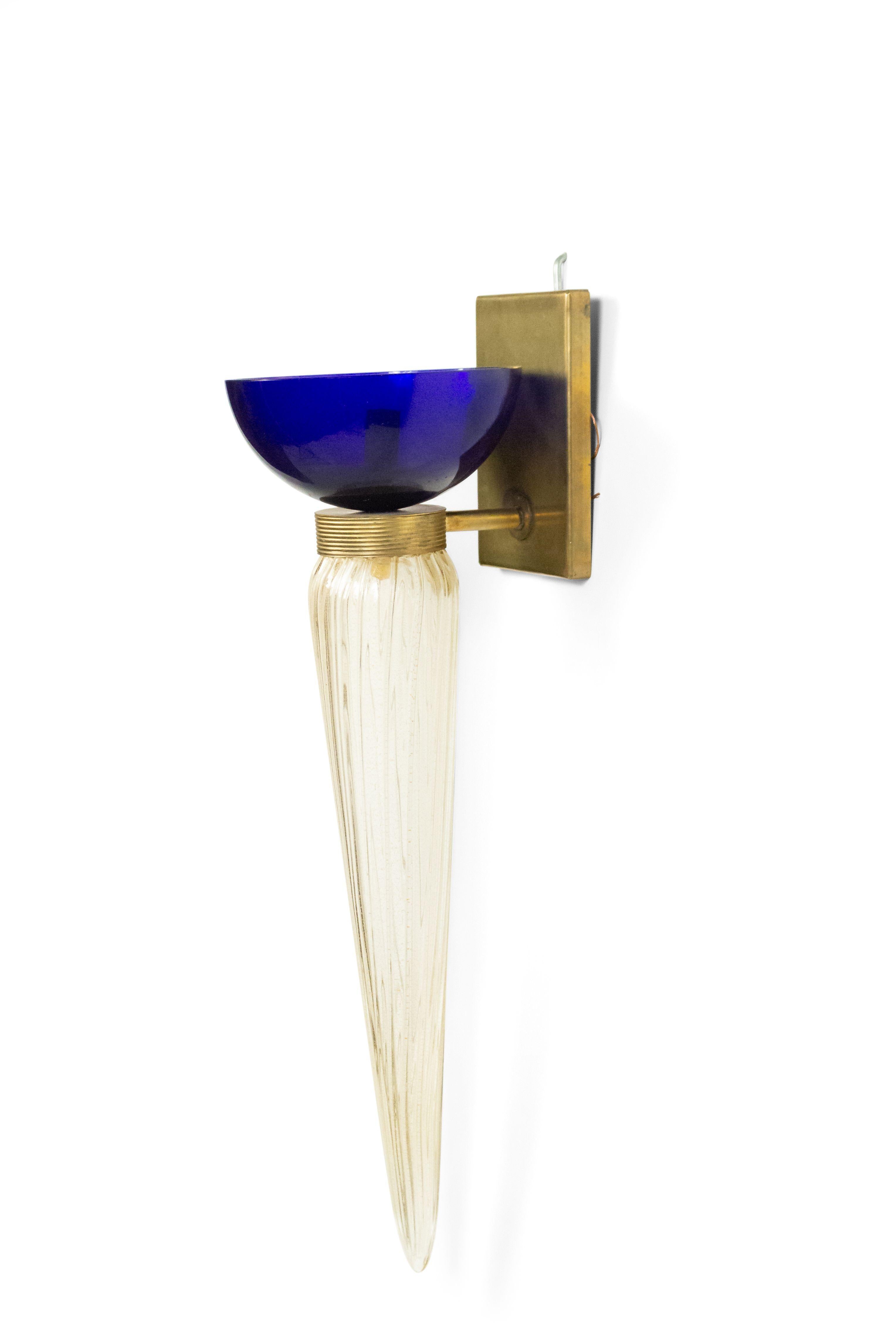 2 Pairs of Italian Mid-Century (1940s) gold dusted Murano glass wall sconces with fluted and swirl torch form shapes, cobalt blue bowl form shades, and a brass backplate (PRICED PER Pair) (by BAROVIER ET TOSO)
