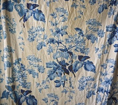 Pair of Blue Flowers and Foliage Cotton Curtains, French, 19th Century