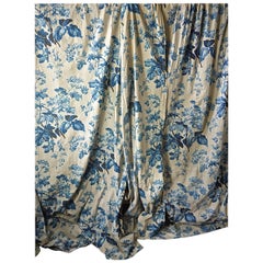 Pair of Blue Flowers and Foliage Cotton Curtains, French, 19th Century