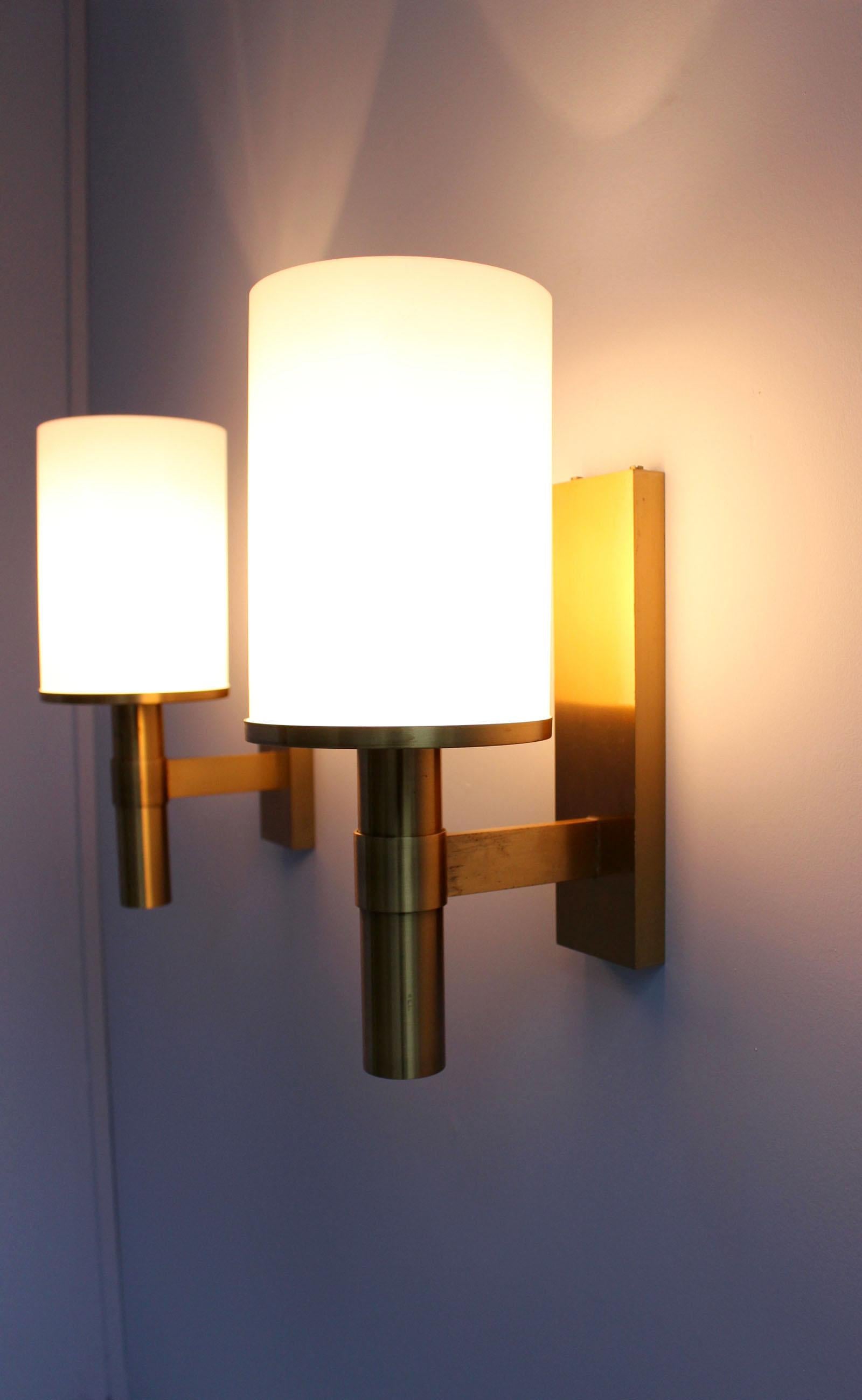 Pair of Fine French Art Deco Glass and Bronze Cylindrical Sconces by Perzel 6