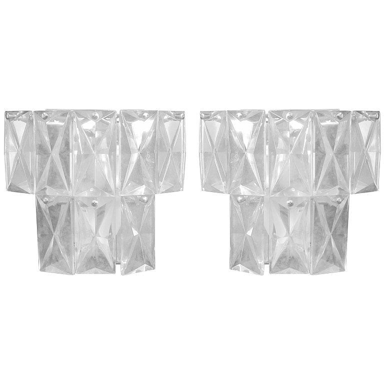 2 Pairs of French Mid-Century Modern Lead Crystal Sconces Attributed to Baccarat
