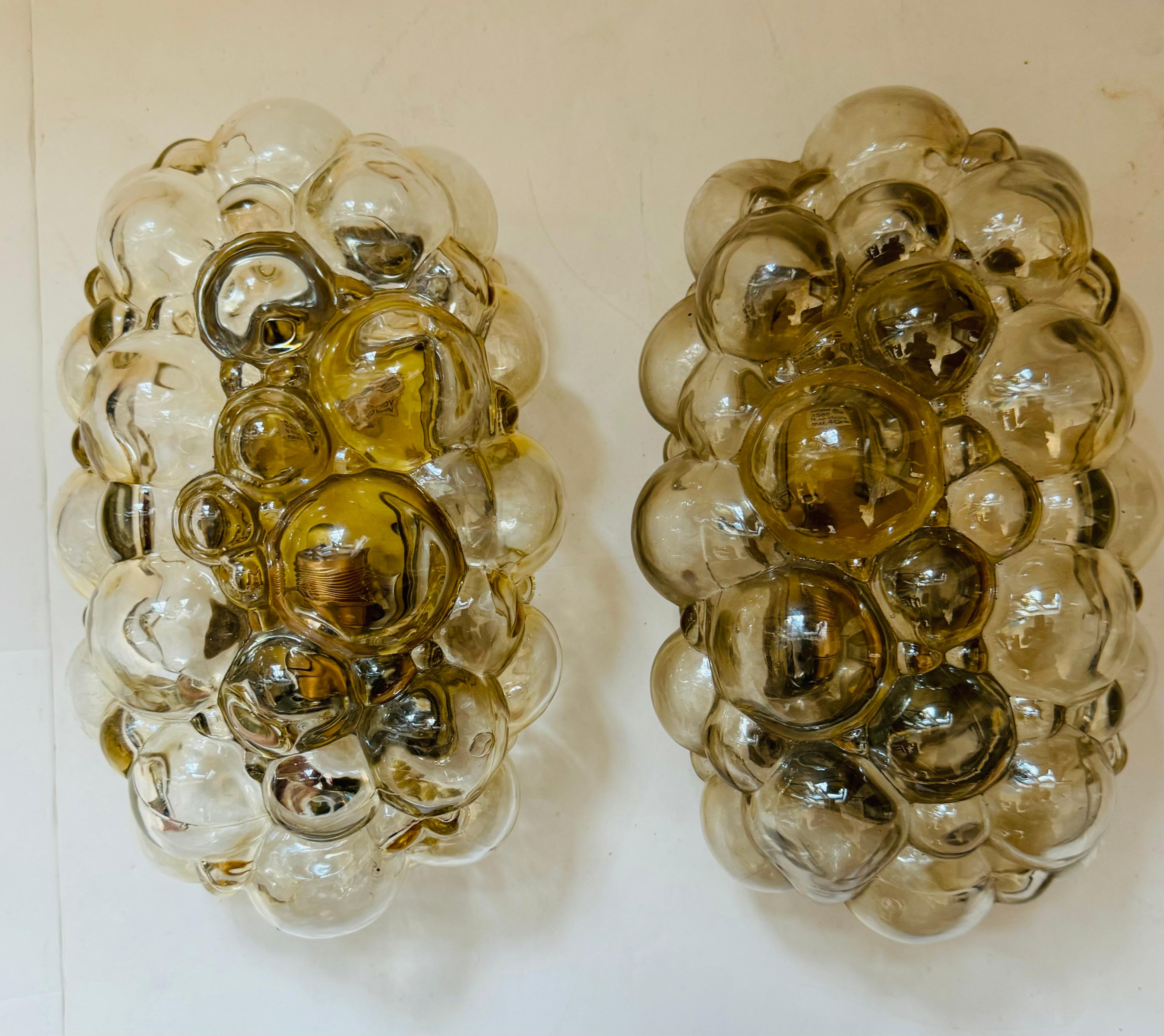 German Pair of of Helena Tynell Limburg Amber Bubble Glass 1960s Mid Century Wall Lamps