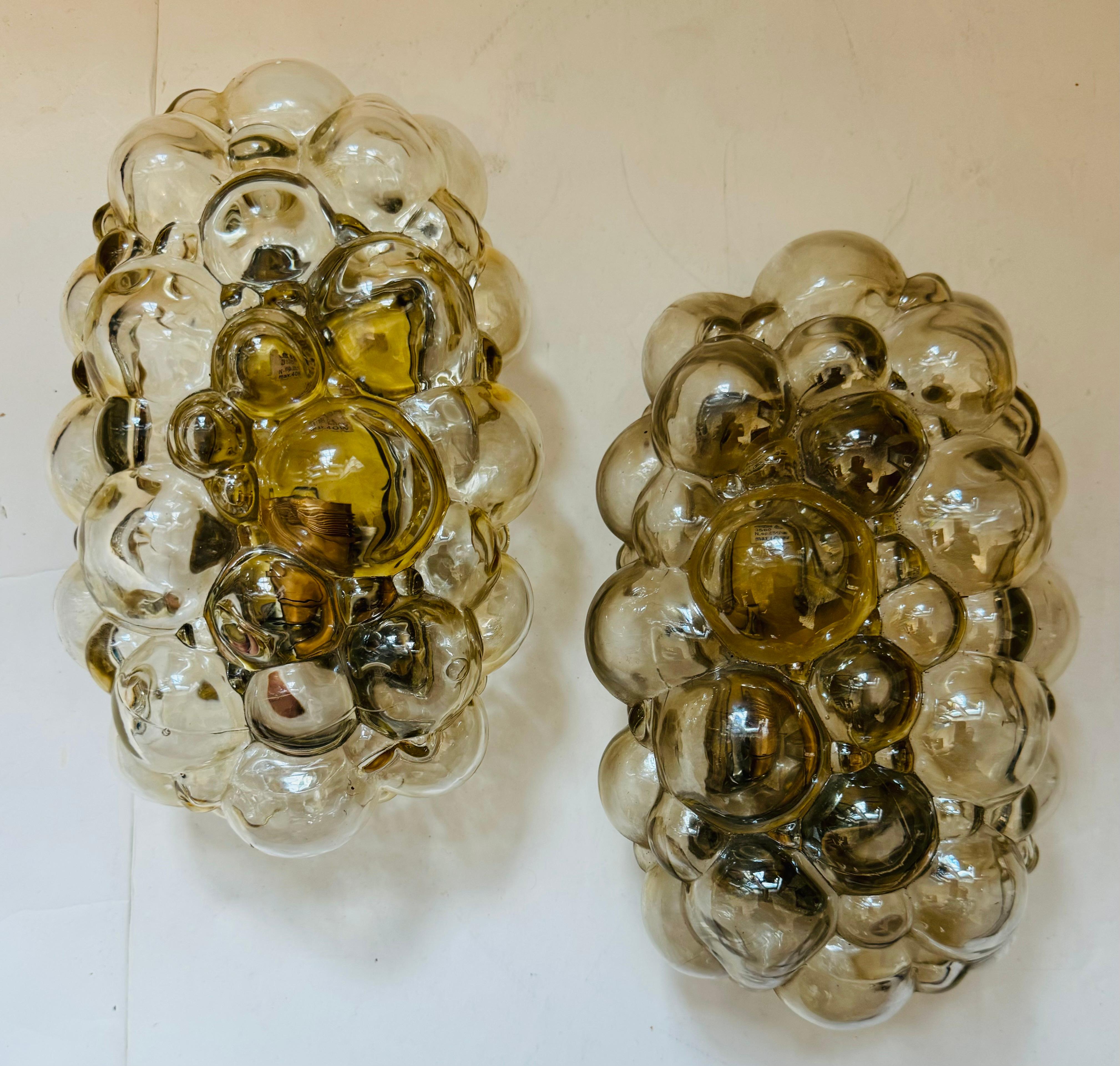 Pair of of Helena Tynell Limburg Amber Bubble Glass 1960s Mid Century Wall Lamps In Excellent Condition In New York, NY
