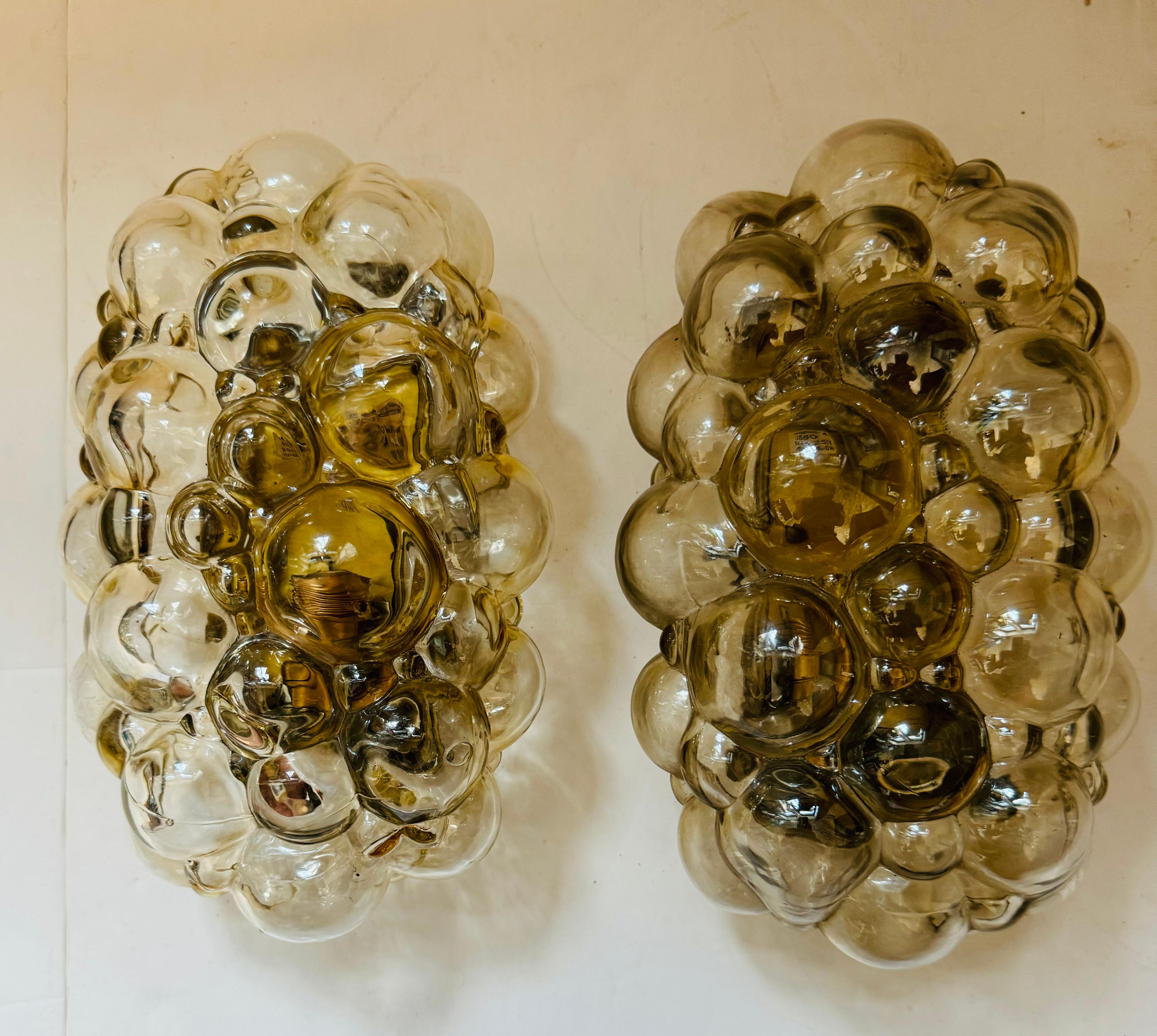 Mid-20th Century Pair of of Helena Tynell Limburg Amber Bubble Glass 1960s Mid Century Wall Lamps