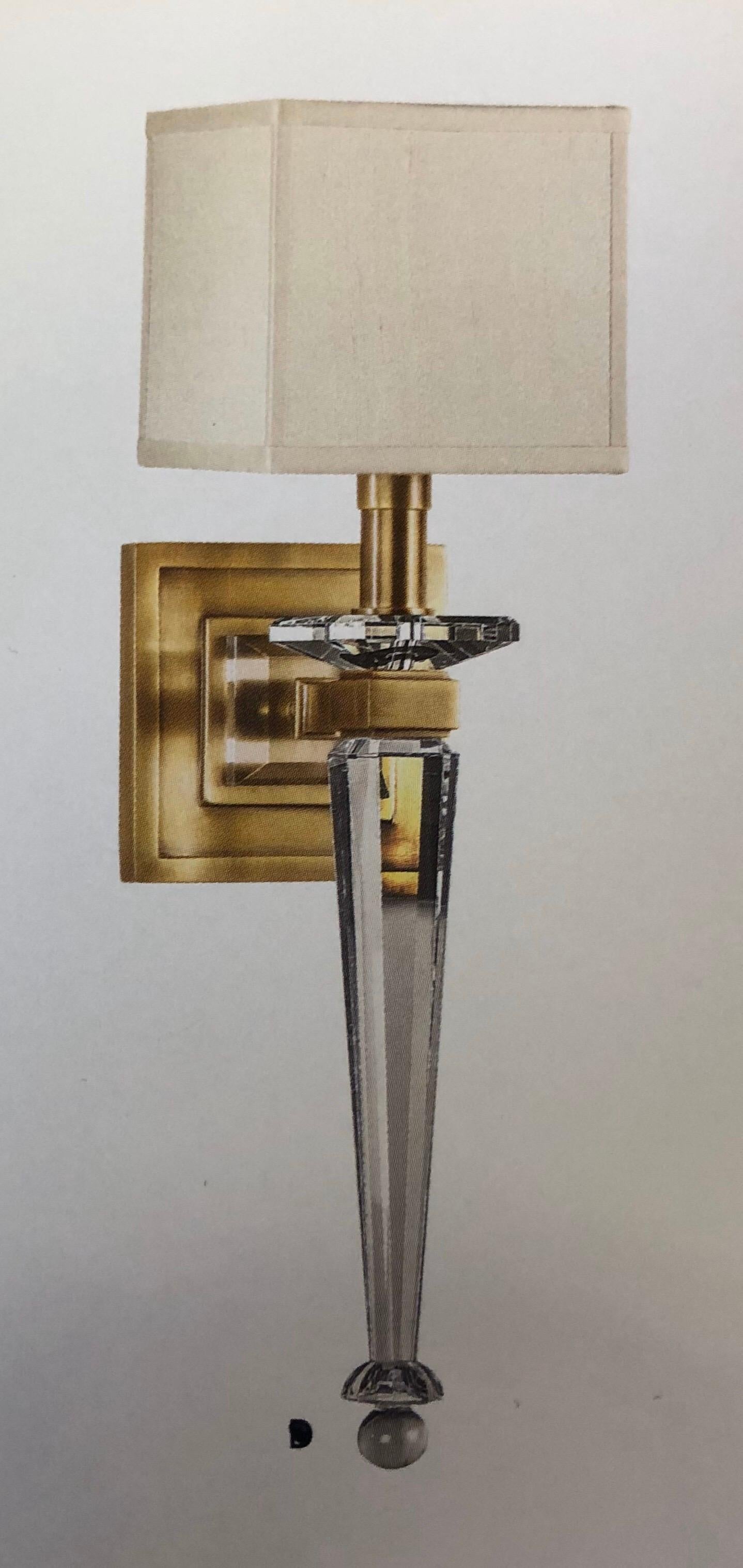 2 elegant pairs of  modern neoclassical style antiqued brass and solid crystal wall sconces / lights. 1 Light each. Hardback cotton shade is included. 

Priced and sold by the pair.
