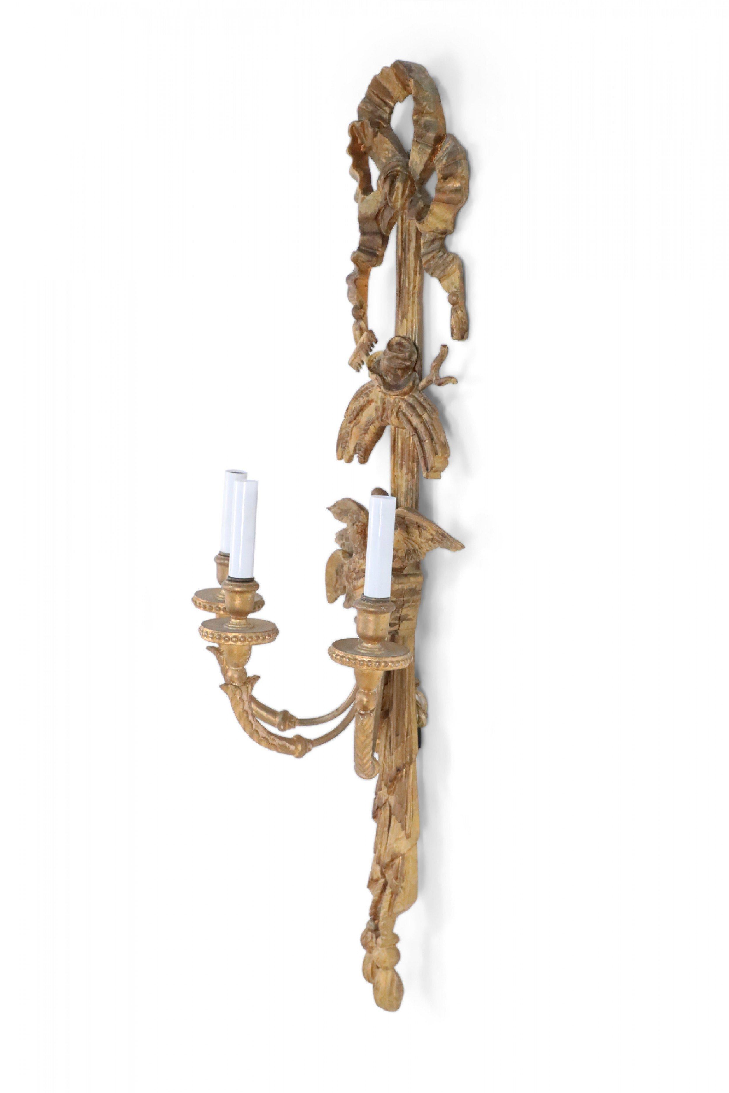 2 Pairs of Louis XVI Style Carved 3-Arm Bow Top Giltwood Sconces In Good Condition For Sale In New York, NY