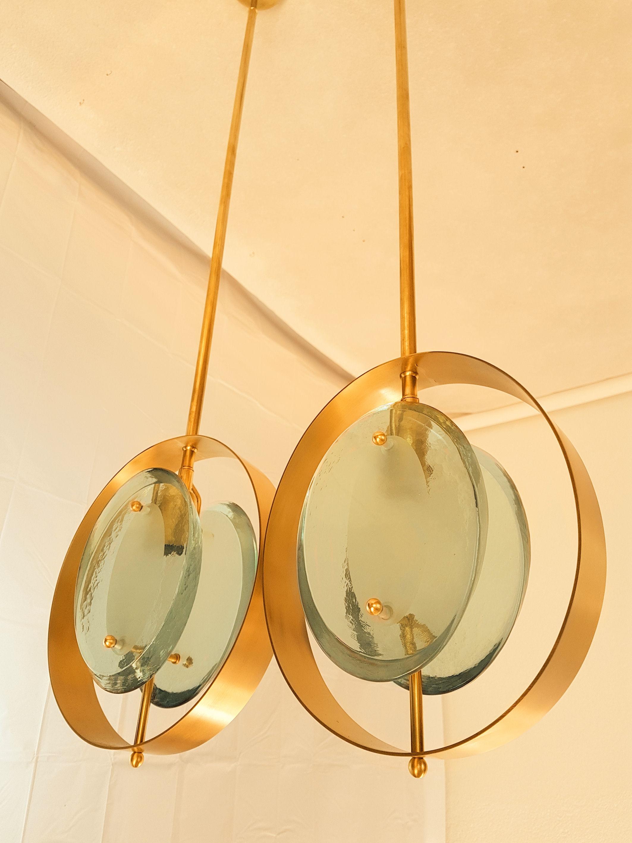 Italian Pair of Mid-Century Modern Max Ingrand Style Brass and Glass Pendants, 1960s