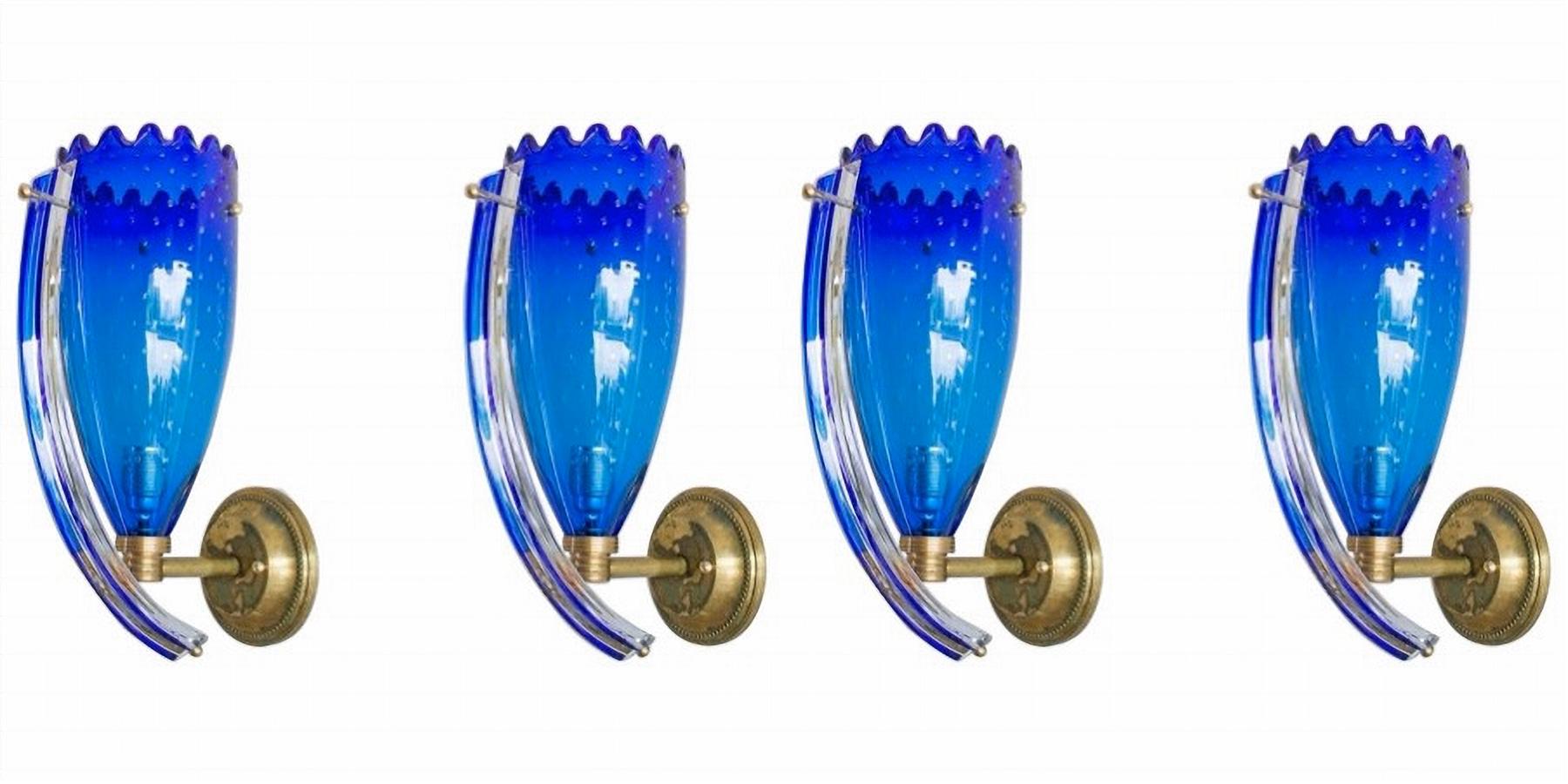 2 Paar Wandleuchter in blauem mundgeblasenem Murano Glas, 1960er Jahre, Italien